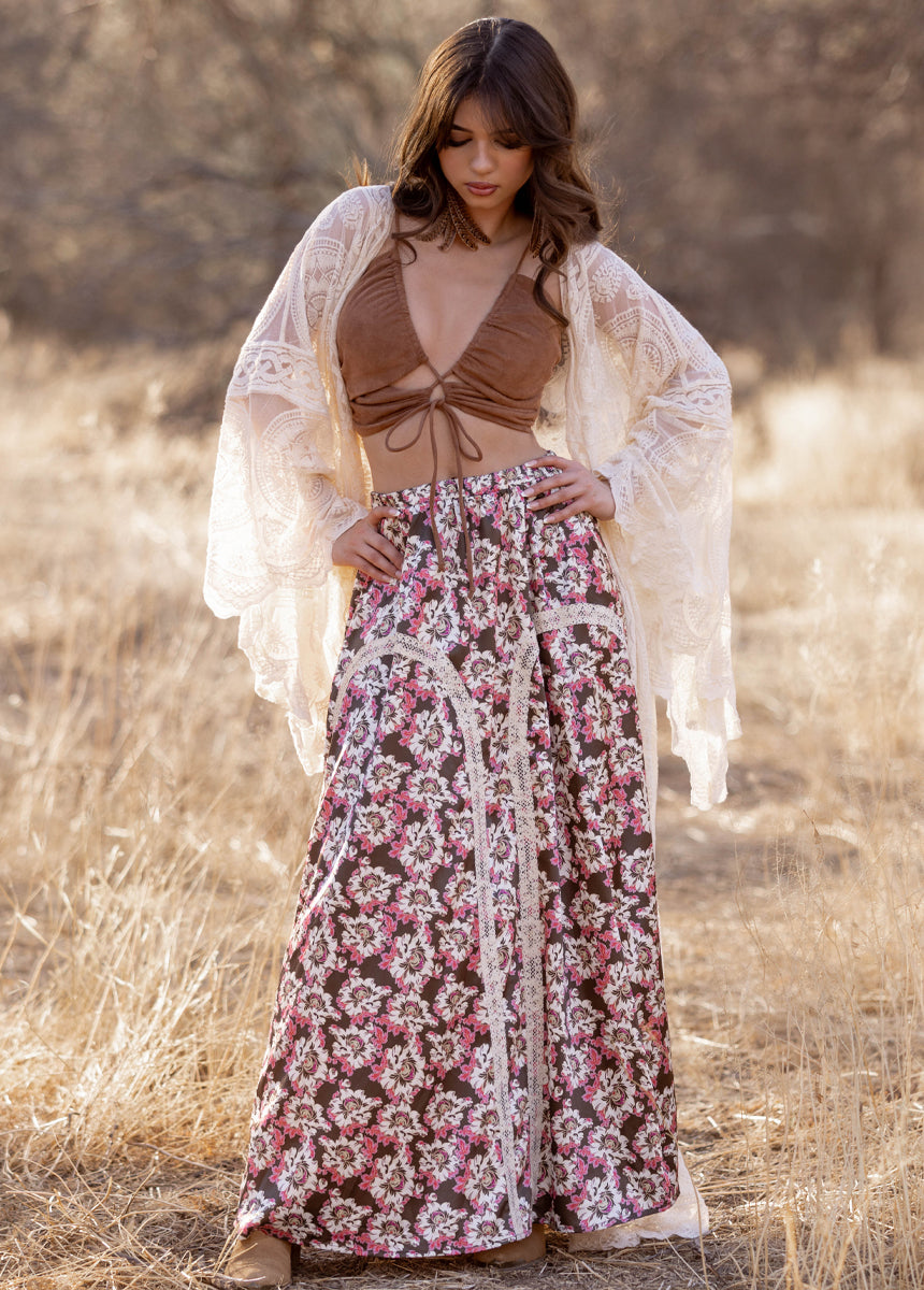Ravina Floral Skirt in Umber - Boho Chic Midi Skirt for Women | Perfect for Summer Outfits, Beach Vacations & Casual Wear