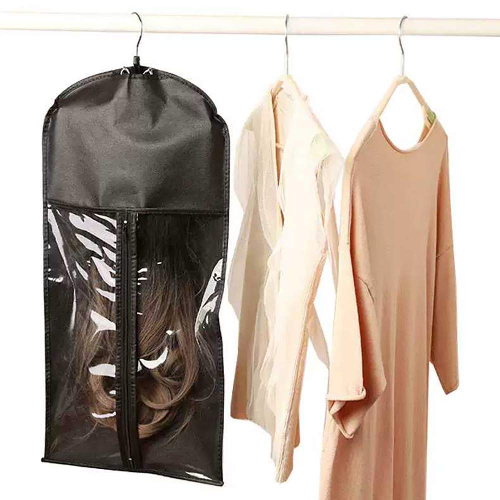 5-Piece Wig Storage Bag Set with 5 Wooden Hangers - Dust-Proof Organizer for Professional Hair Extensions & Wigs (5 Black Bags + 5 Black Hangers) - Perfect for Salon, Travel & Home Wig Care