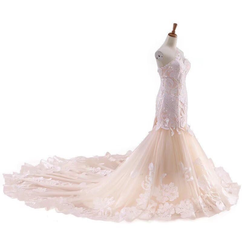Elegant White Lace Mermaid Wedding Dress with One Shoulder & Long Train – Perfect for Bridal, Evening Gowns & Formal Events