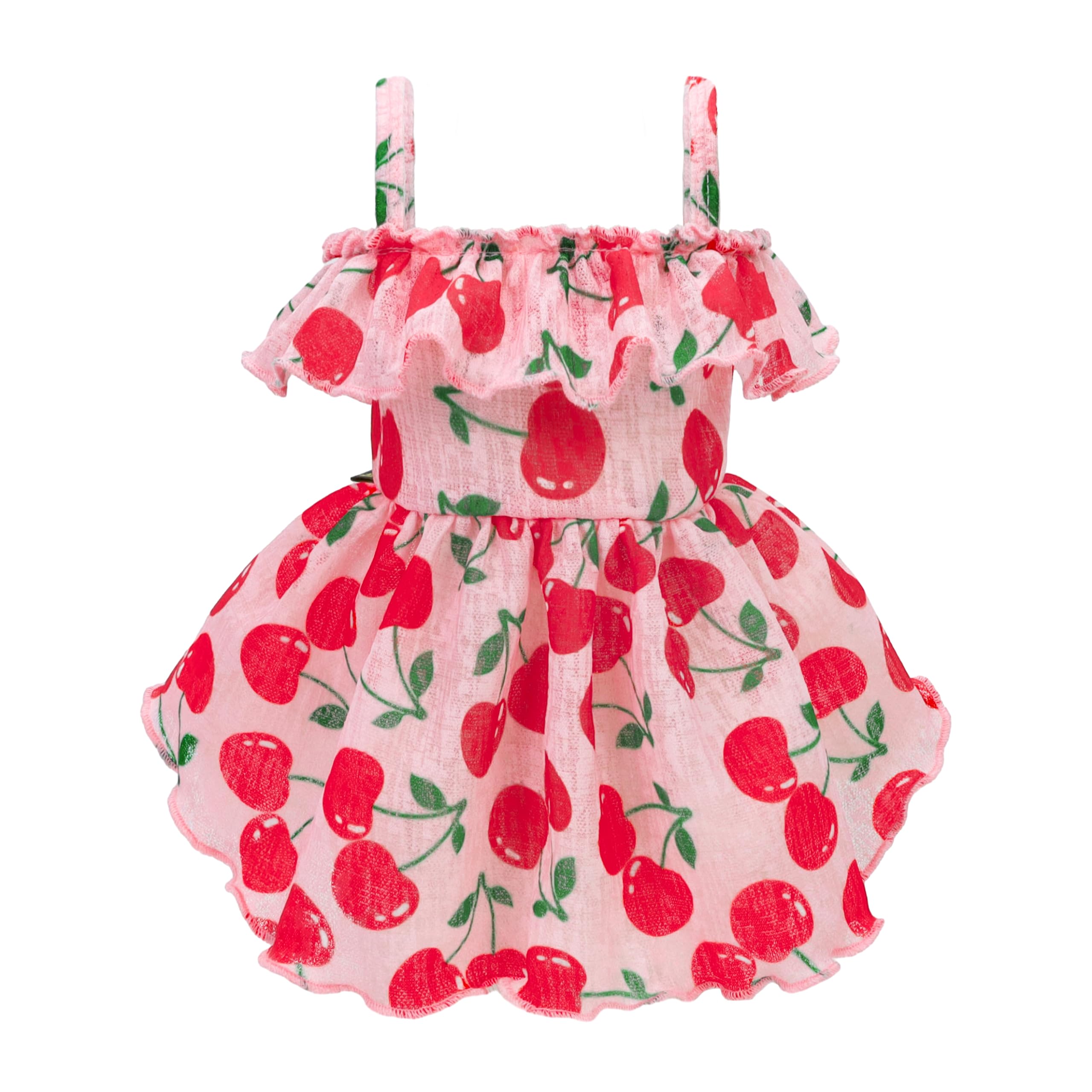 Fitwarm Cherry Print Dog Dress for Small Dogs - Ruffled Hawaiian Style Pet Outfit in Pink & Red (XS) - Perfect for Summer Parties, Beach Trips & Photo Shoots