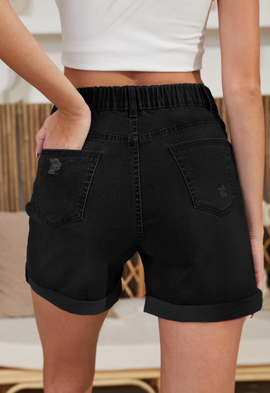 Women's High Waisted Stretchy Denim Jean Shorts - Folded Hem Casual Summer Shorts with Elastic Waist | Perfect for Beach, Vacation & Everyday Wear