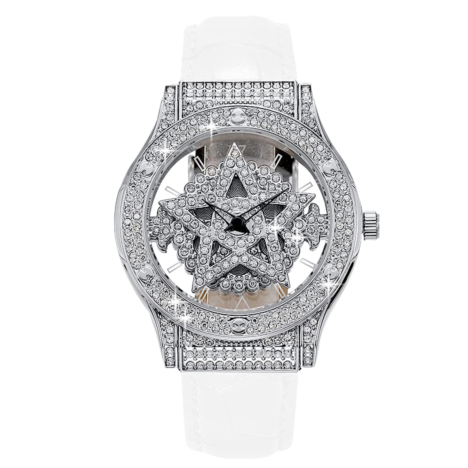 RORIOS Women's Luxury Diamond Watch - Elegant Analog Quartz Wristwatch with Genuine Leather Strap & Pentagram Dial - Perfect for Office, Party & Special Occasions