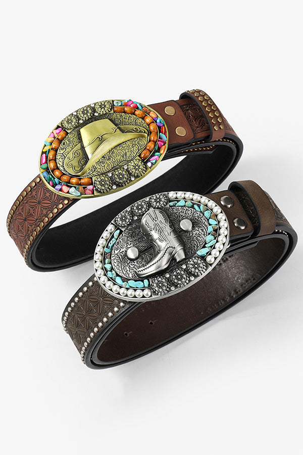 Vintage Western Cowboy Leather Belt for Men - Distressed Brown Genuine Leather Waist Belt with Ornate Buckle - Perfect for Rodeo, Country Music Festivals & Western Costume Outfits