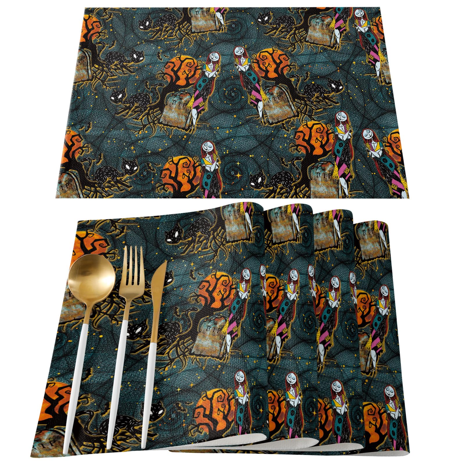 4Pcs Halloween Placemats Set - Cute Sally & Cat Themed Washable Table Mats for Kitchen Dining - Nightmare Before Christmas Decorations - Heat Resistant Holiday Tableware for Halloween & Christmas Parties