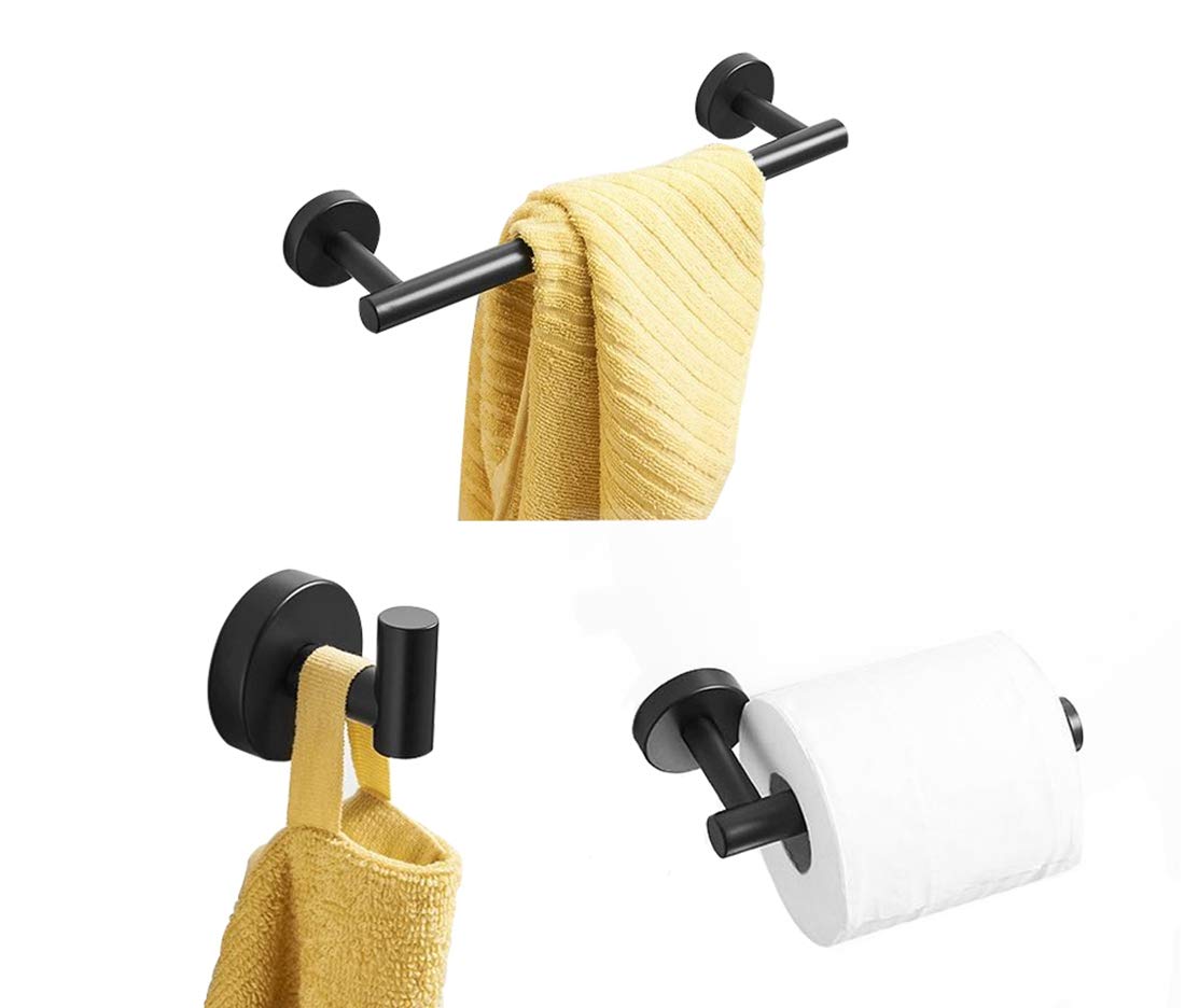 Premium Stainless Steel Bathroom Accessories Set - Towel Bar, Hook & Toilet Paper Holder (3-Piece, Black KB-TS-01) for Modern Bathroom Organization & Spa-Like Experience