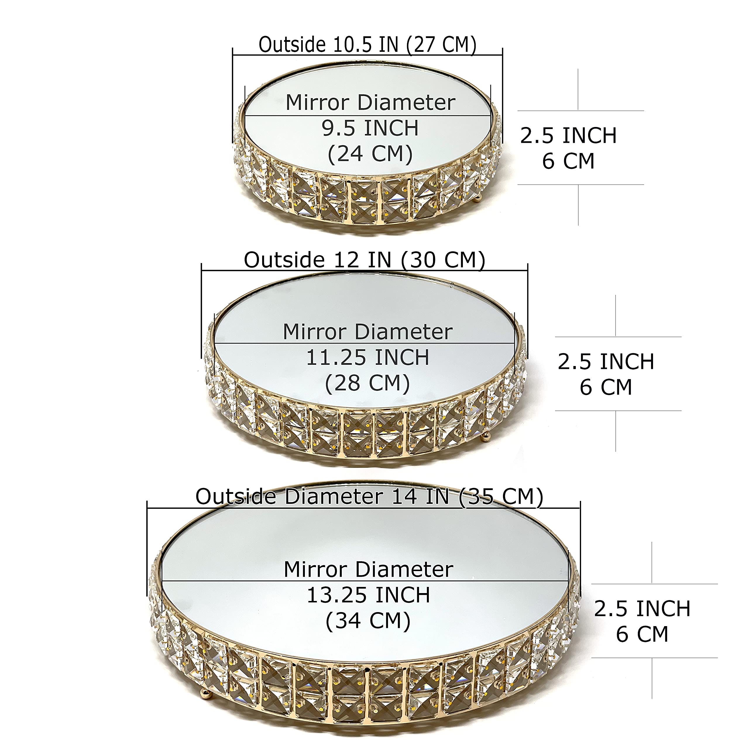 Allgala 3-Piece Gold Plated Crystal Wedding Cake Stand Set with Mirror Plate - Elegant Dessert Display for Cupcakes, Cheese & Cakes - Perfect for Weddings, Birthday Parties & Special Events (HD89202)