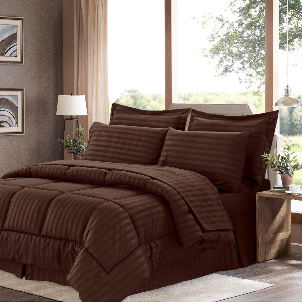 Wrinkle-Resistant Soft Dobby Striped Down-Alternative 8-Piece Bed in a Bag with Sheet Set - Queen Size Chocolate Brown | Complete Bedding Set for Cozy Bedroom Upgrade