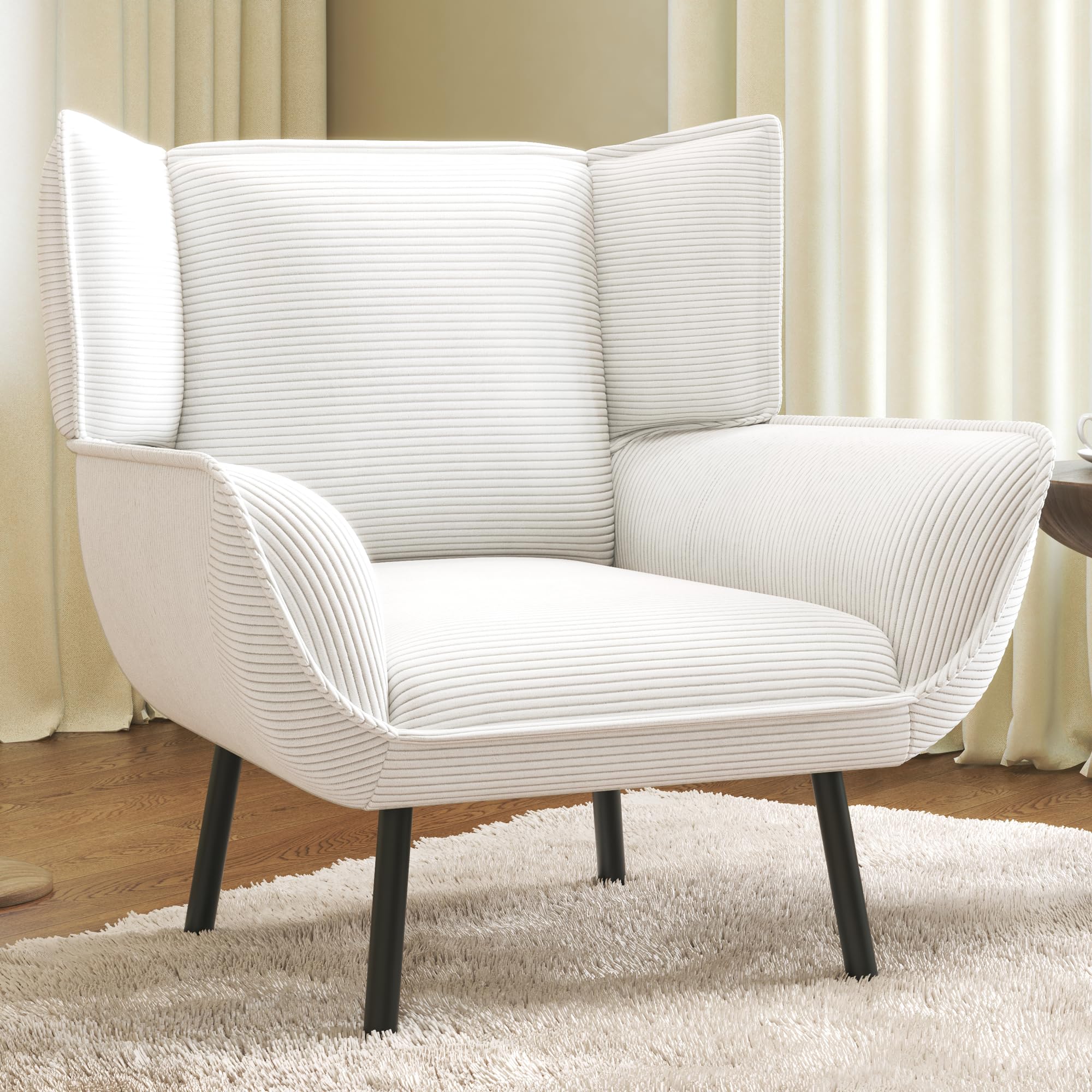 AMERLIFE Accent Chair - Upholstered Wingback Armchair for Living Room & Bedroom, Comfortable Corduroy Reading Chair in White | Perfect for Cozy Corners, Home Office & Relaxation Spaces