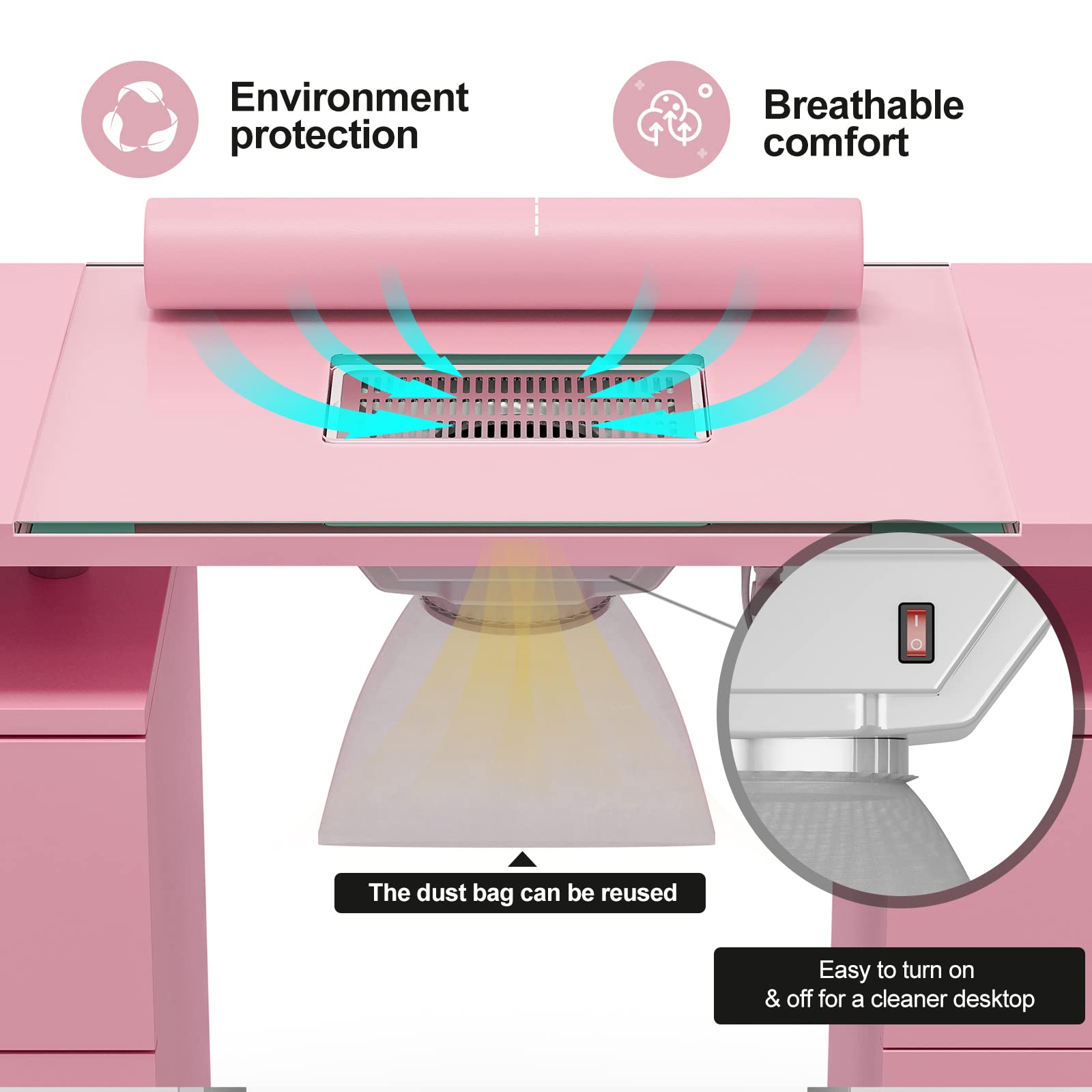 Professional Nail Tech Desk with Glass Top & Built-in Dust Collector - Manicure Table with 3 Dust Bags, Wrist Rest & Storage Drawers - Pink Beauty Salon Workstation for Nail Art, Gel Polish & Pedicure Services
