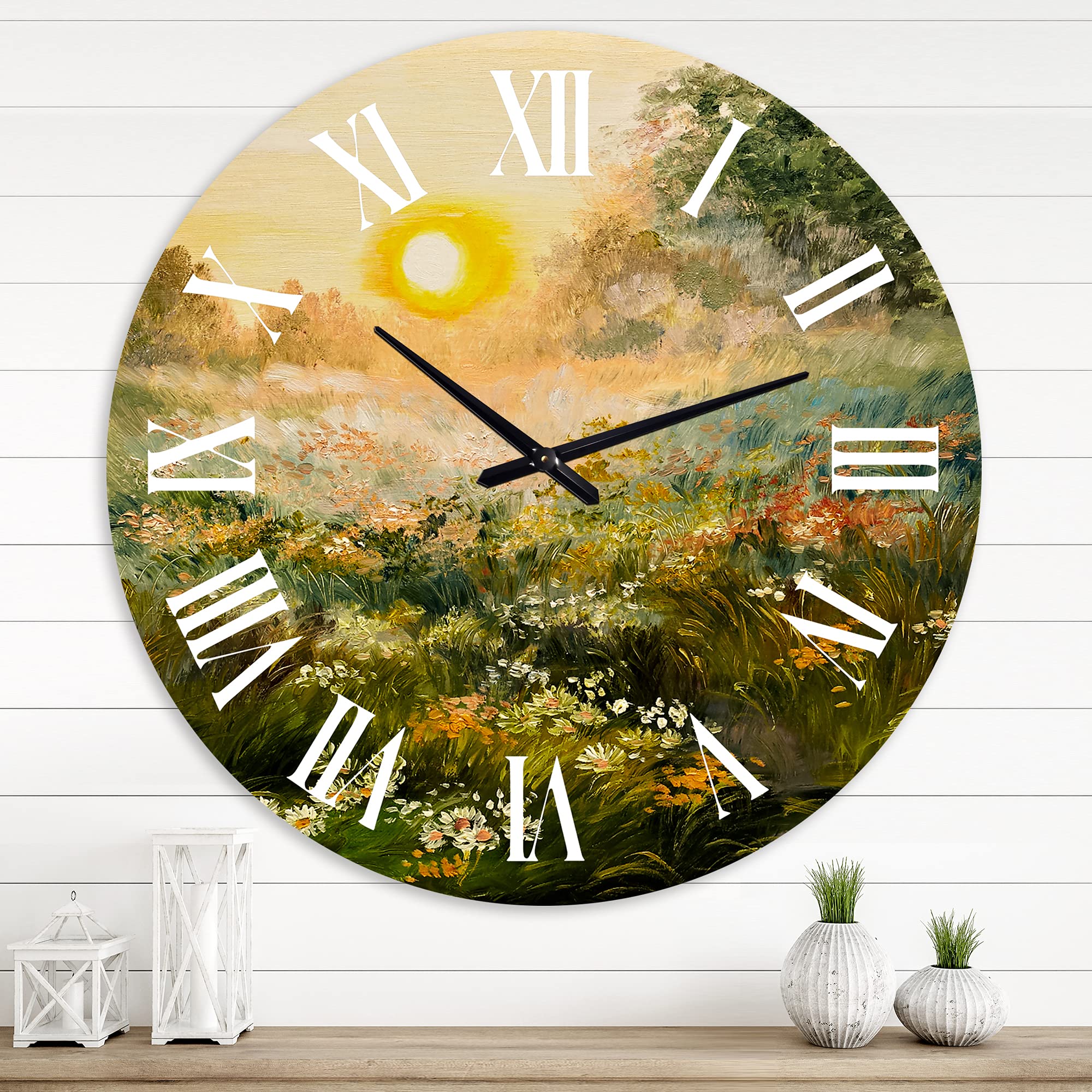 Farmhouse Wall Clock - 'Sunrise in The Blossoming Field' Landscape Design, Large Rustic Wall Decor for Living Room, Kitchen & Bedroom | Perfect for Home, Office & Cabin Decor