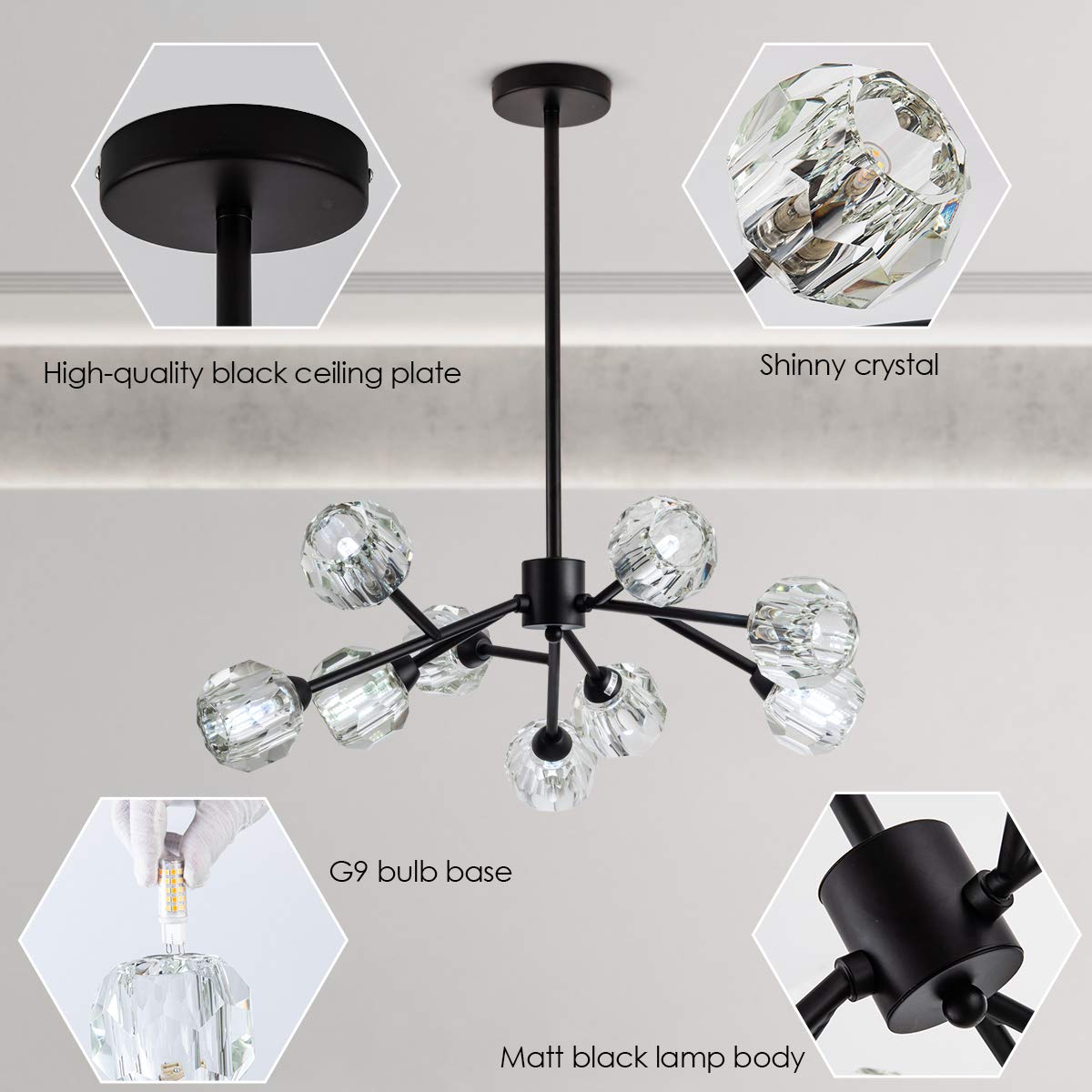 Modern Black Crystal Chandelier - 9-Light Sputnik Fixture for Dining Room & Kitchen Island