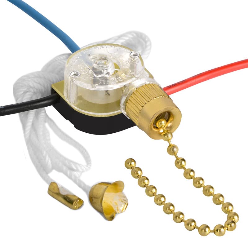 Zing Ear ZE-110 3-Wire 3-Way 2-Circuit 4-Position Ceiling Fan Speed Pull Chain Switch with Brass Finish - Replacement for Ceiling Fan Light Control - Perfect for Bedroom, Living Room, and Home Renovation Projects
