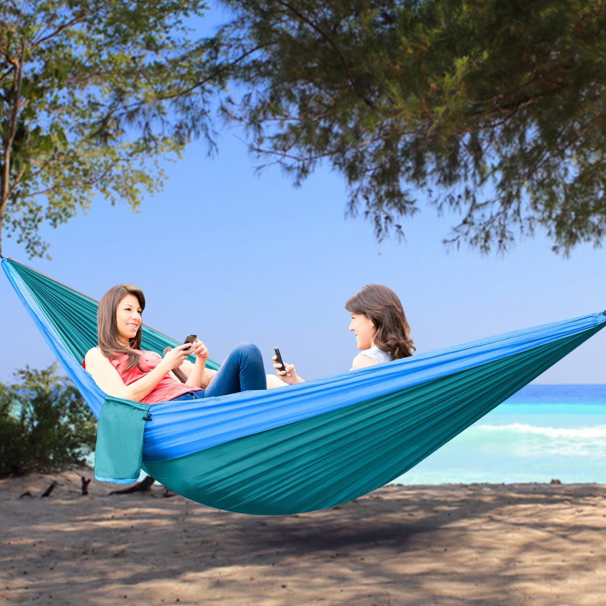 Double Camping Hammock for 2 Persons - Lightweight Portable 210T Nylon Parachute Hammock with 2 Tree Straps (16+2 Loops) - Perfect for Backpacking, Hiking, Beach, Travel & Outdoor Adventures - Lake Blue - Great for Couples Camping, Backyard Relaxation and Forest Getaways