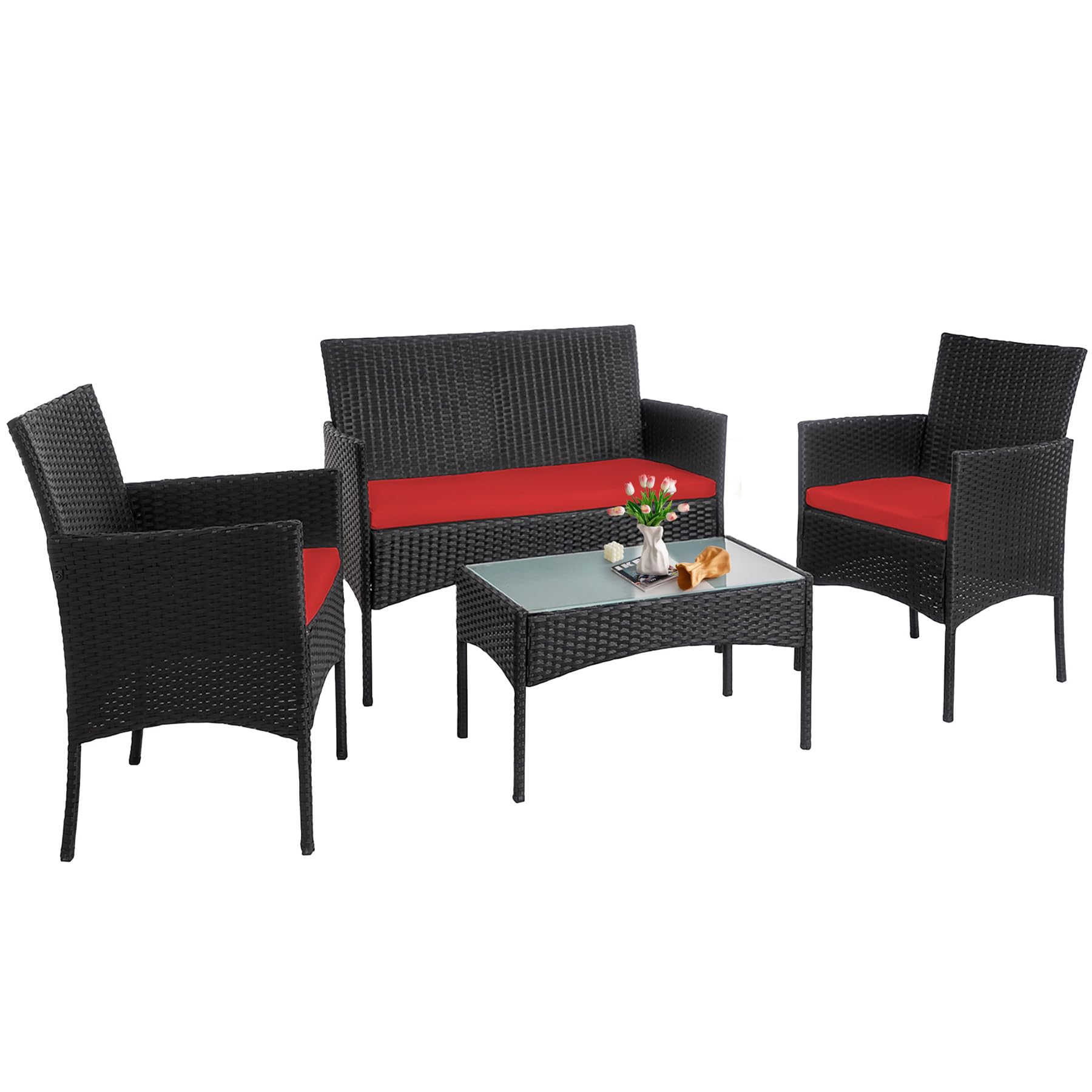 PROHIKER 4-Piece Outdoor Wicker Patio Furniture Set with Cushions & Glass Table - Rattan Sofa & Chairs for Garden, Poolside, Backyard or Yard - Black/Red - Perfect for Relaxing, Entertaining & Outdoor Dining