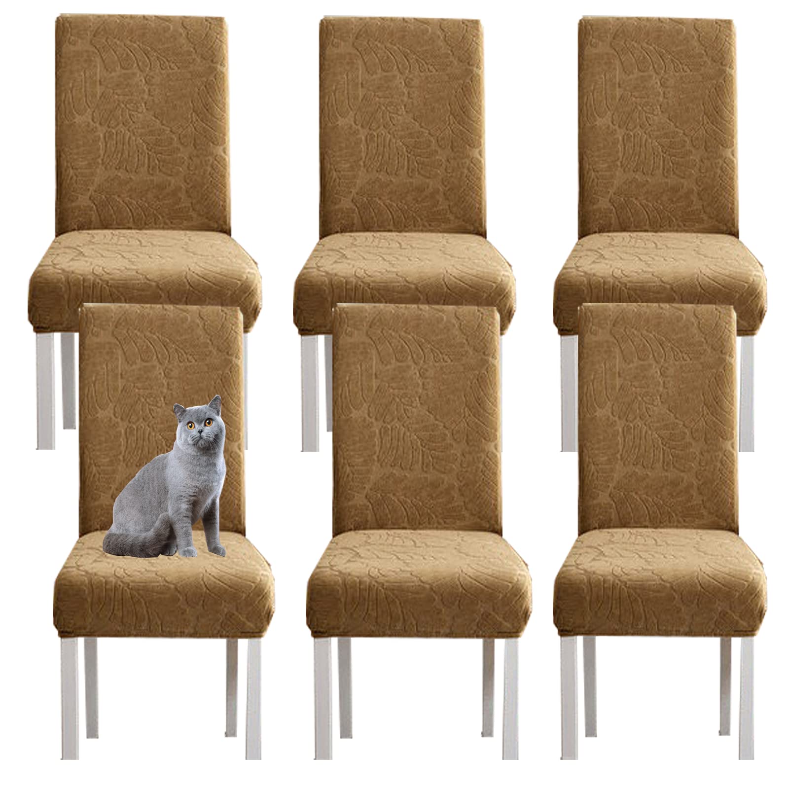 Stretch Jacquard Dining Chair Covers - Washable Knitted Fleece Slipcovers for High Chairs (Light Coffee, Set of 6) | Home, Office & Restaurant Seat Protectors