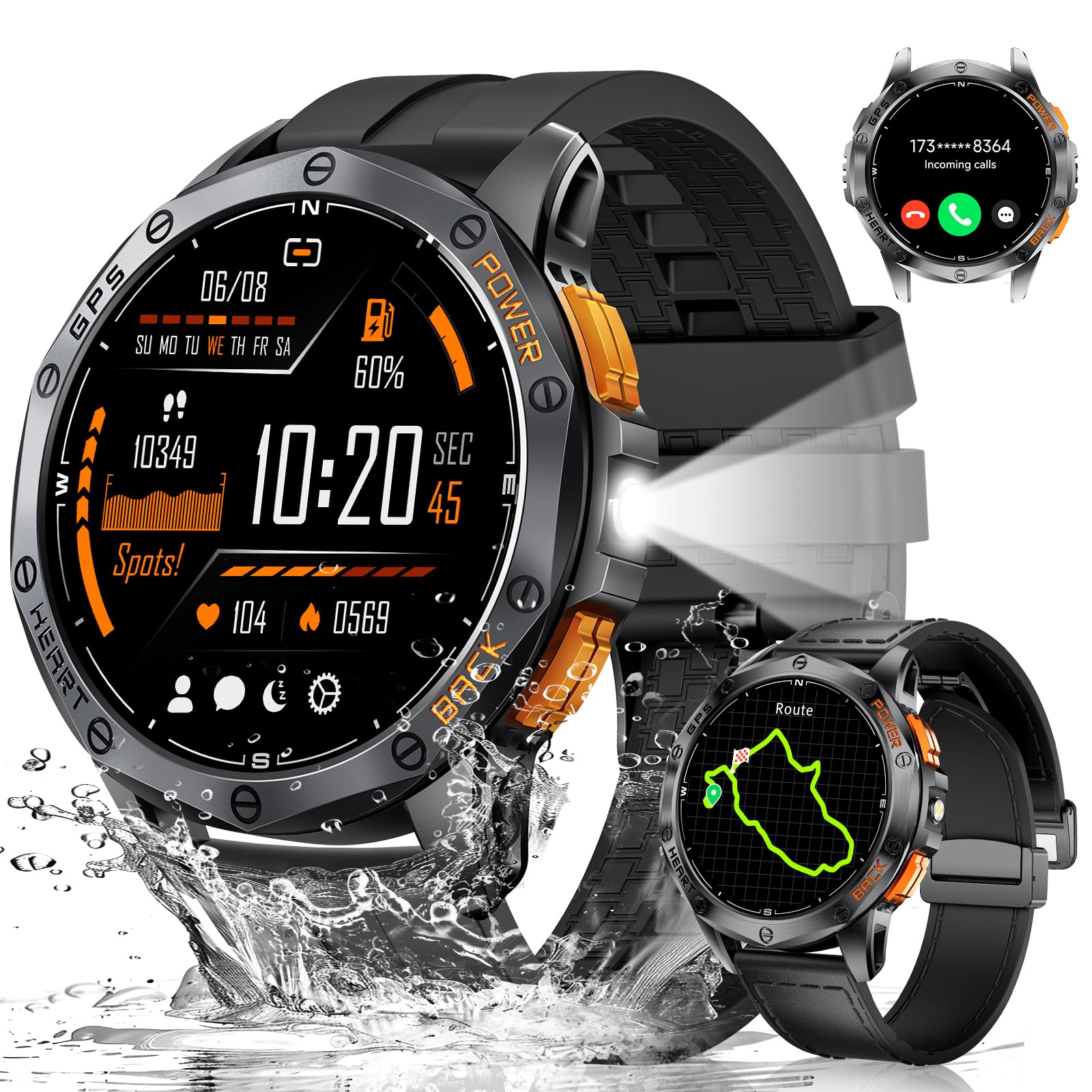 LIGE GPS Military Smart Watch for Men - Rugged Outdoor Sports Watch with LED Flashlight, Compass, 45-Day Battery & IP68 Waterproof - 1.43