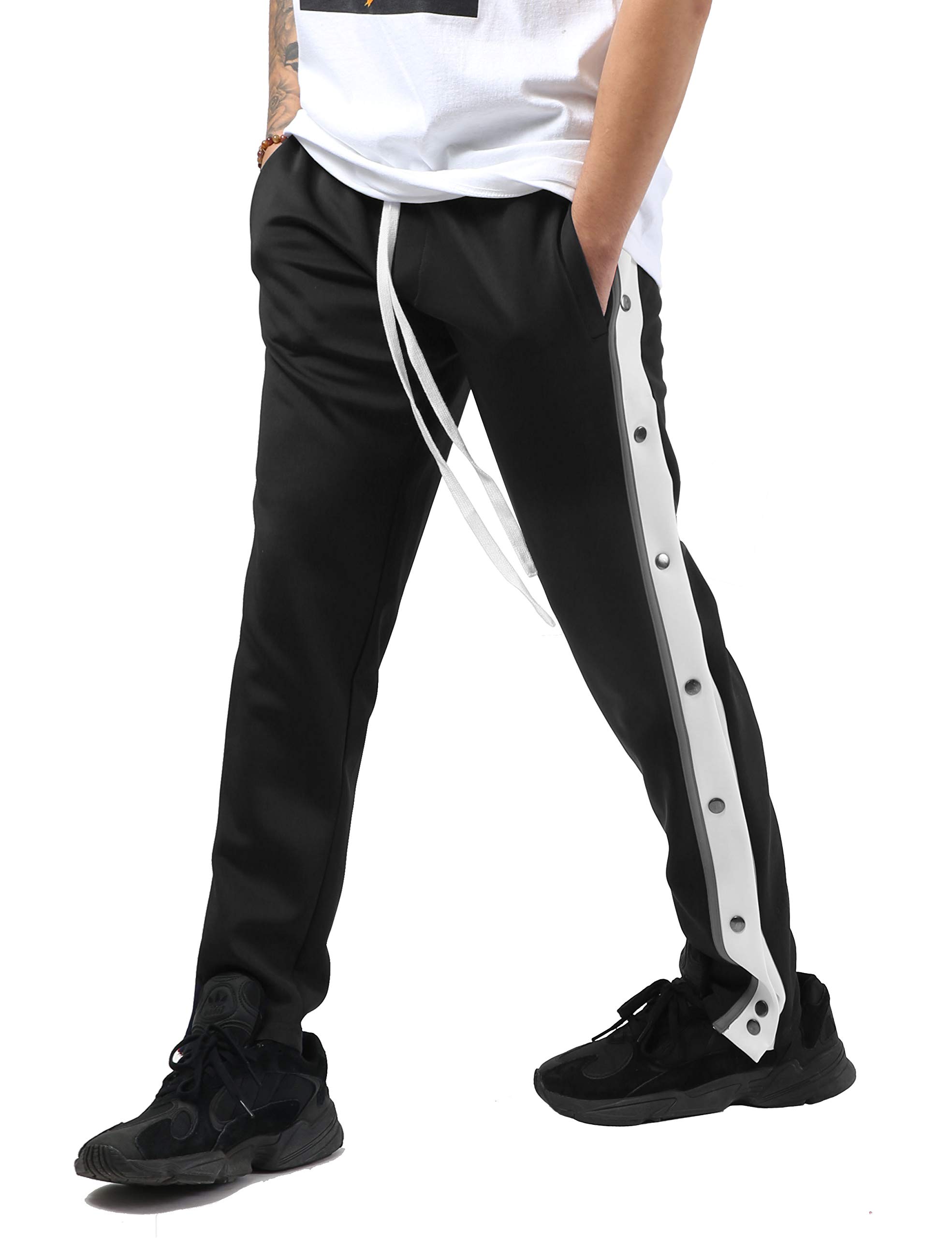Men's Slim Fit Striped Button Accent Stretch Track Pants - Casual Comfort for Running, Gym & Lounge Wear