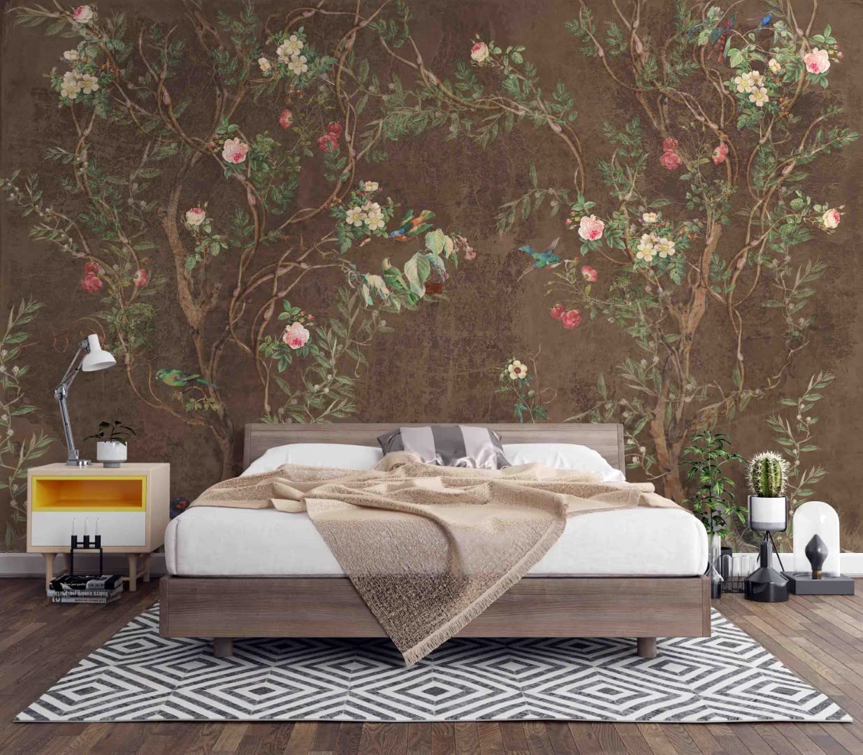 Chinoiserie Floral Bird Wallpaper - Brown Background Peel and Stick Removable Wallpaper - 67