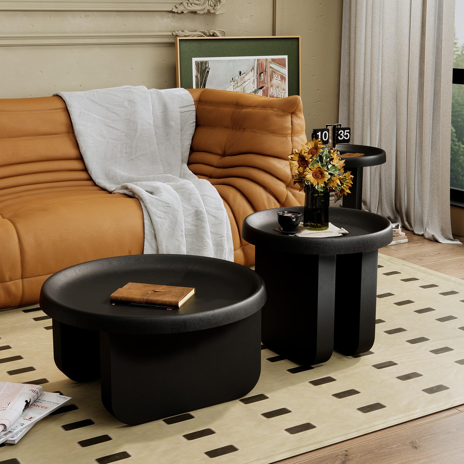 Modern Round Coffee Table Set - Black Nesting Metal Center Table for Living Room, Unique Circle Design (29.1 x 16.5 Inches) - Perfect for Small Spaces, Apartment Decor & Contemporary Home Furnishings