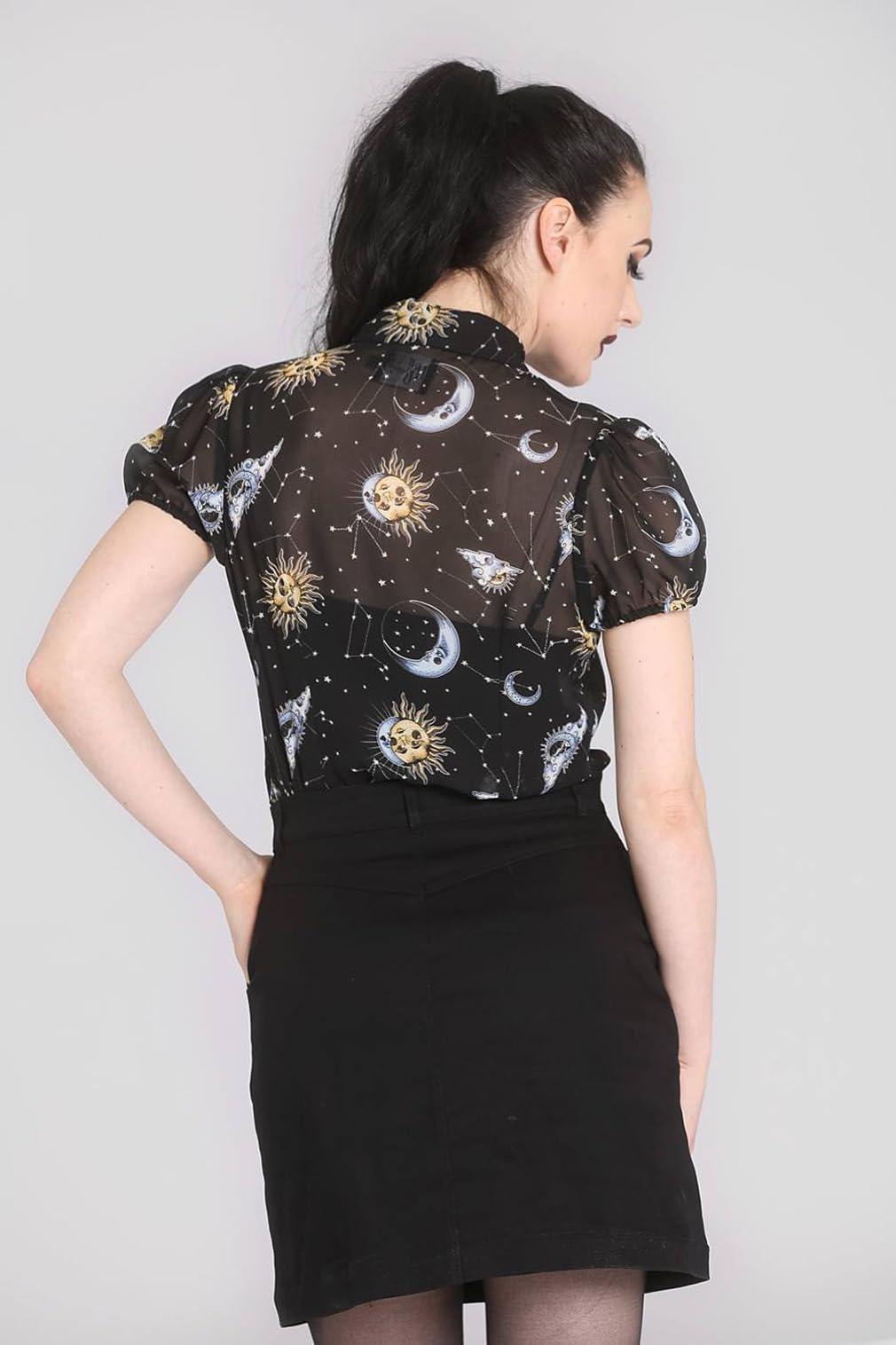Hell Bunny Solaris Sun Moon Stars Gothic Wicca Chiffon Blouse - Vintage Boho Witchy Top for Women (XS-4XL) | Perfect for Halloween, Pagan Festivals & Dark Academia Outfits