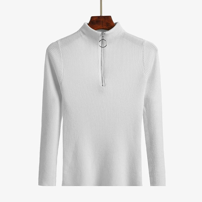 Vintage Solid Knitted Long Sleeve Zip-Up Half Turtleneck Sweater for Women - Cozy Winter Pullover for Casual Outfits & Office Wear