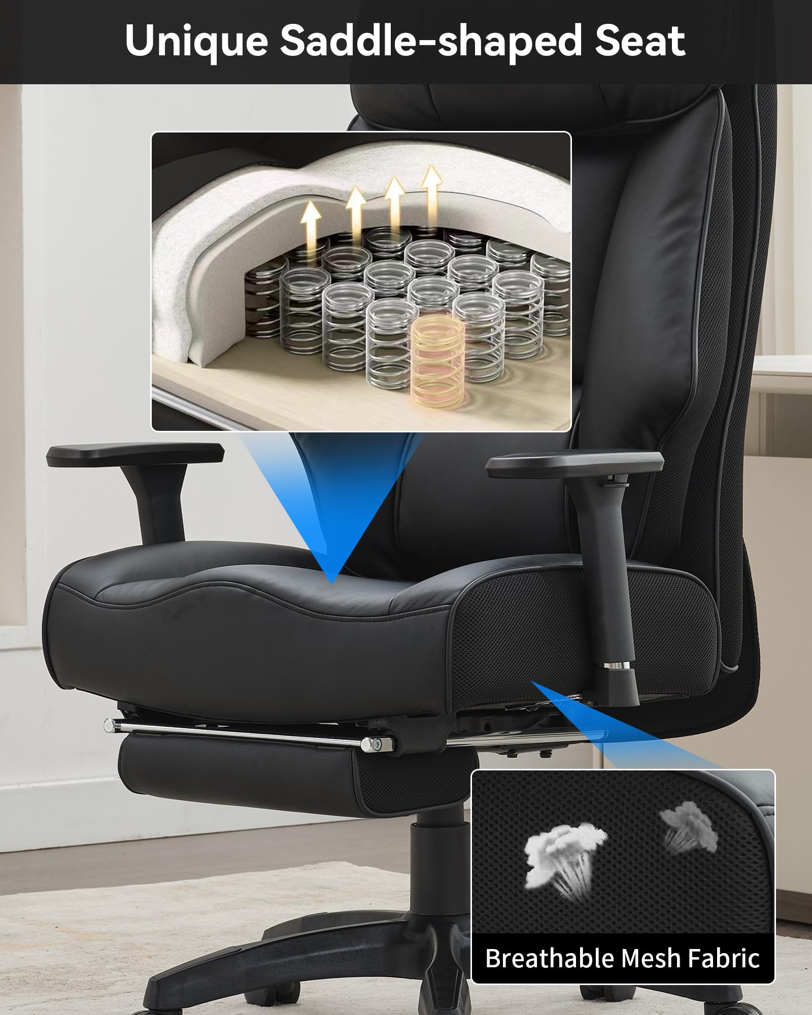 Heavy Duty Big and Tall Office Chair 400lbs - Executive Ergonomic High Back Chair with Footrest & Lumbar Support - Oversized Leather Office Chair for Heavy People - Black - Perfect for Home Office, Gaming, and Workspaces
