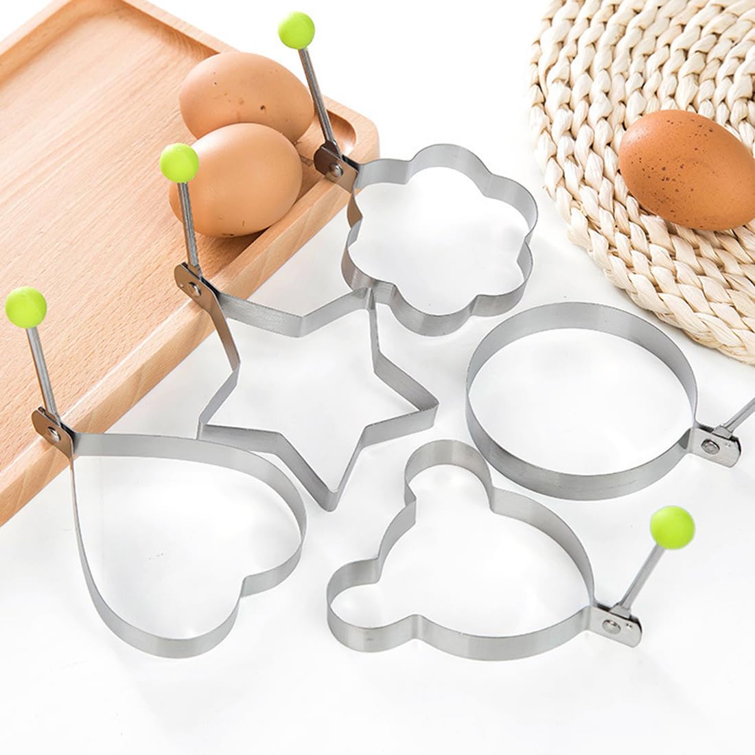 KXUSW 5-Piece Stainless Steel Pancake & Egg Mold Set - Non-Slip Omelette, Poached Egg & Pancake Shapers - Perfect for Breakfast, Brunch & Kids Cooking (5 Shapes)