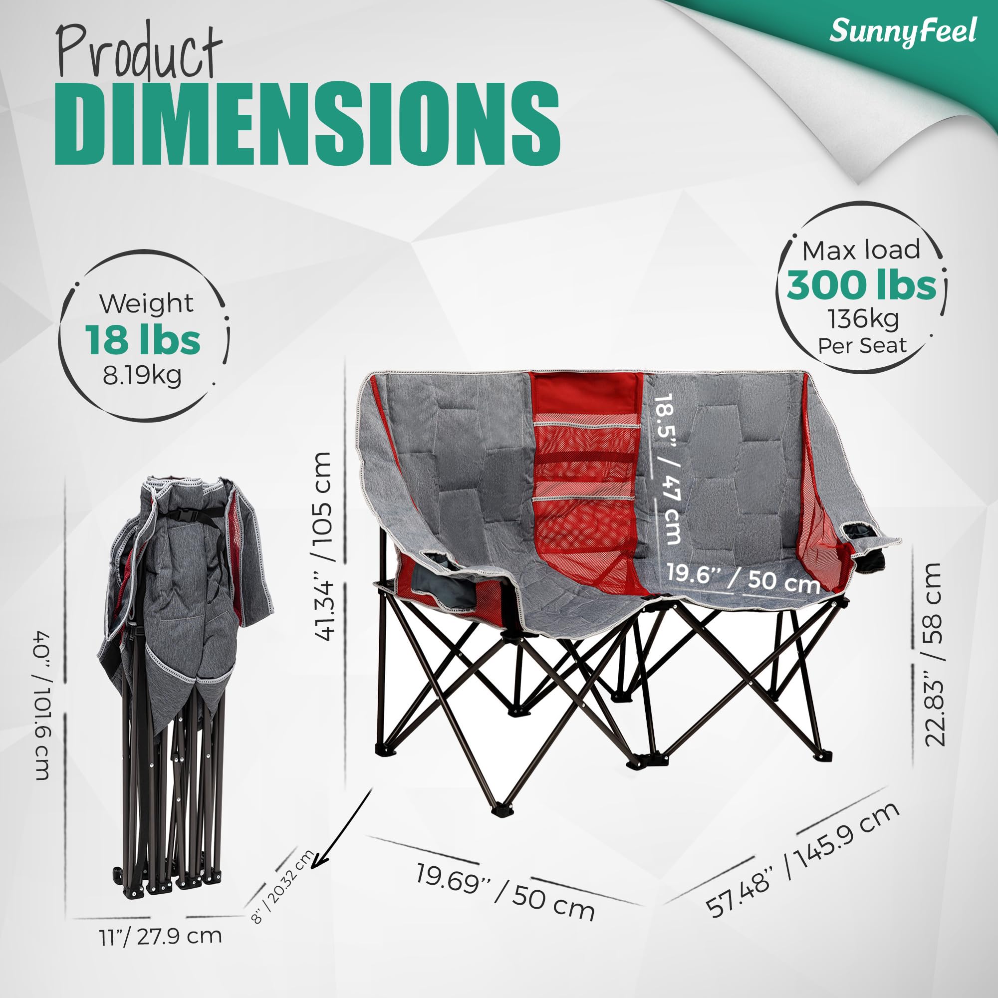 **SUNNYFEEL Heavy Duty Folding Double Camping Chair - Oversized Portable Loveseat for 2 Adults with Storage Pouch - Perfect for Outdoor, Travel, Picnic, Beach, and Backyard Relaxation**