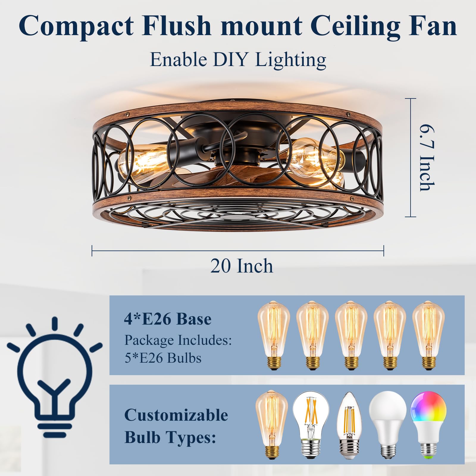NORFOLK 20'' Bladeless Farmhouse Ceiling Fan with Lights & Remote Control - Low Profile Flush Mount Rustic Cage Lighting (E26 Bulb Base) - Perfect for Bedroom, Living Room, Kitchen, Patio & Outdoor Spaces