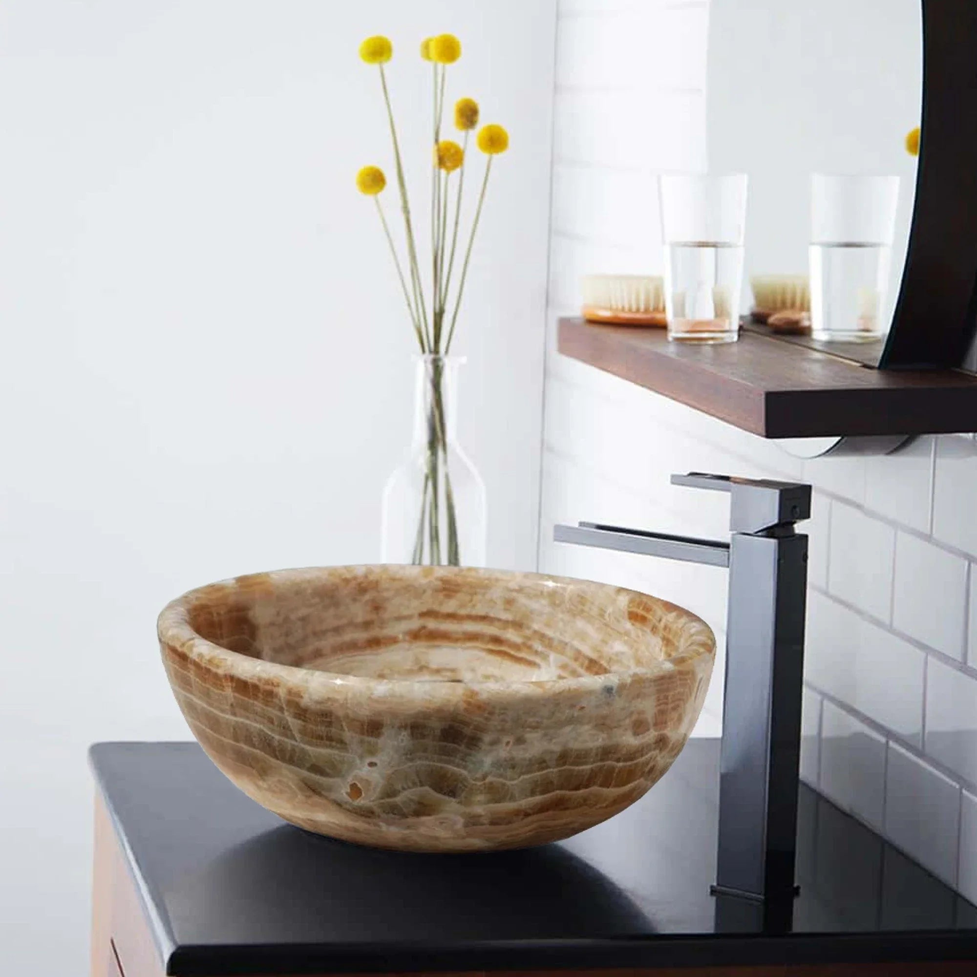 Honey Onyx Translucent Natural Stone Bathroom Vessel Sink - Polished Vanity Sink for Modern Bathrooms (20020018) | Perfect for Spa-Like Bathrooms, Luxury Home Decor & Contemporary Interior Design