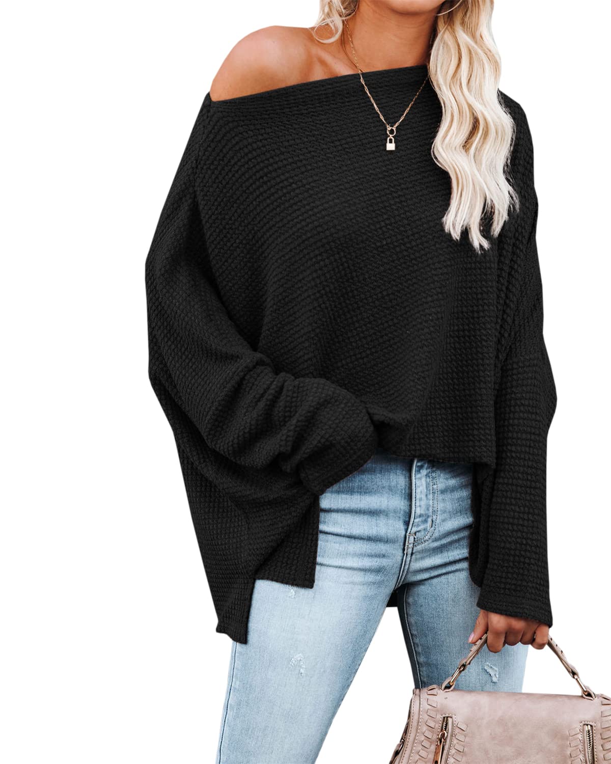 LAMISSCHE Women's Casual Oversized Waffle Knit Sweater - Off Shoulder Long Sleeve Tunic Top with Boat Neck | Perfect for Fall Layering, Date Nights & Cozy Outfits