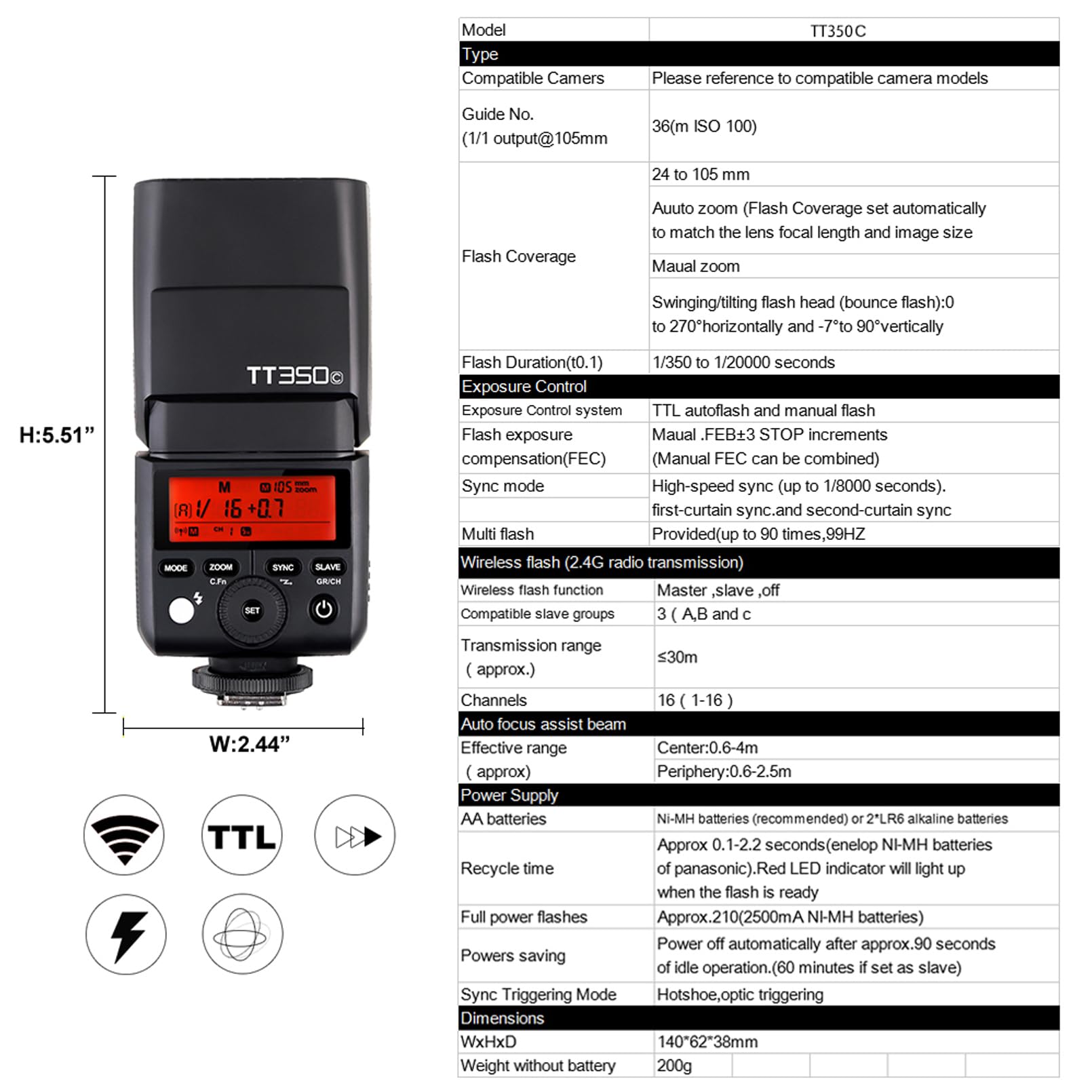 Godox TT350C Mini TTL Flash Speedlight for Canon - 2.4G Wireless GN36 HSS 1/8000s | Compact Camera Flash Compatible with Canon DSLR/Mirrorless | Perfect for Portrait, Wedding & Event Photography