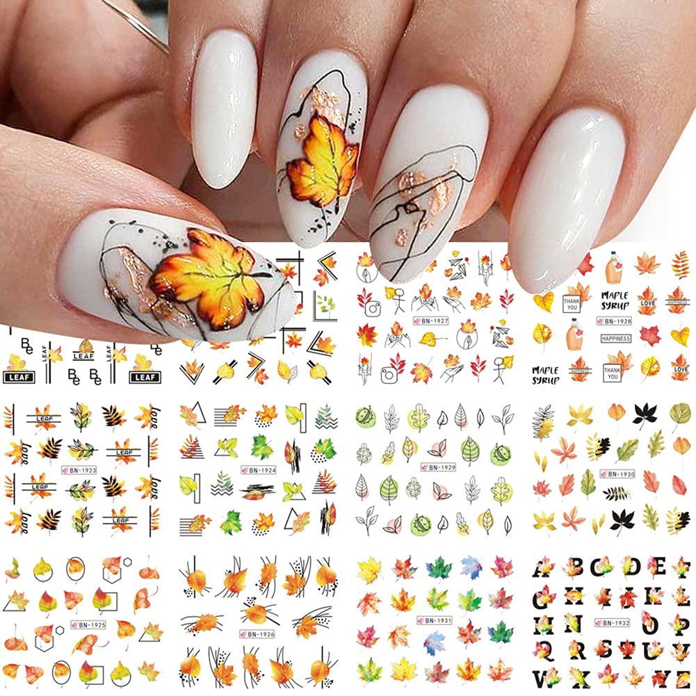 Autumn Water Transfer Nail Stickers - Fall Maple Leaf Nail Art Decals for Thanksgiving, Halloween & Holiday Manicure - DIY Nail Supplies Accessories for Women, Girls & Kids - 12 Seasonal Designs for Home Parties & Gift Giving