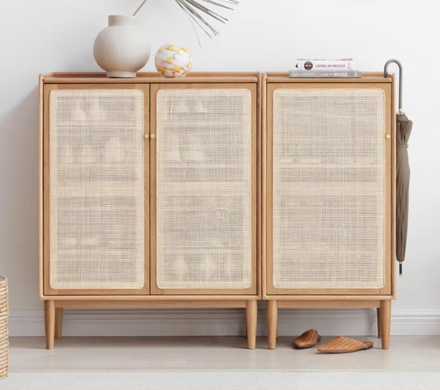 Solid Oak Wood Shoe Storage Cabinet with Rattan Doors - Organize Shoes Neatly in Entryway, Bedroom or Closet