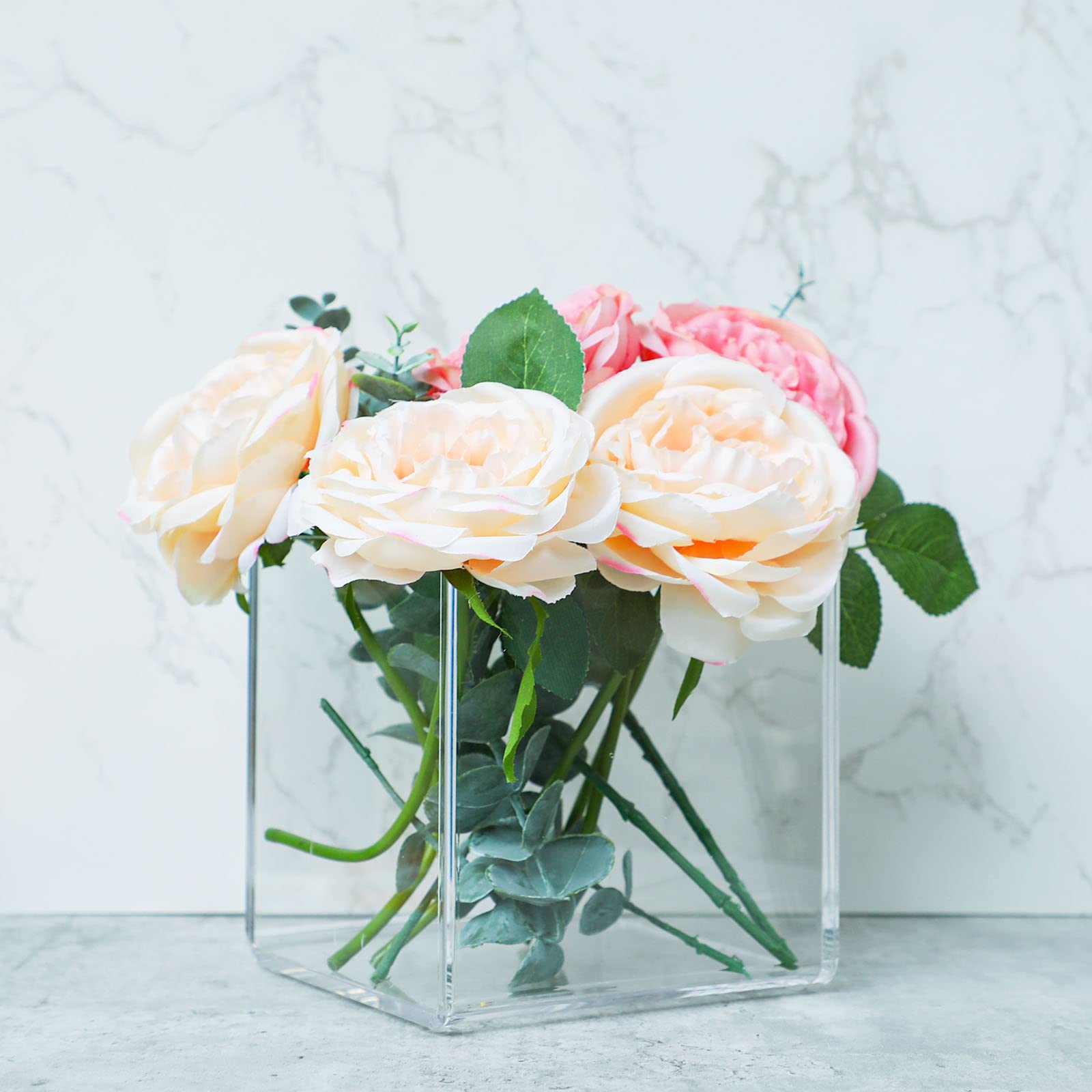Kamehame Clear Acrylic Vase - 6x6x6 Inch Modern Square Cube Flower Vase for Centerpieces, Succulent Planters, Home & Office Decor - Perfect for Weddings, Table Settings, and Floral Arrangements