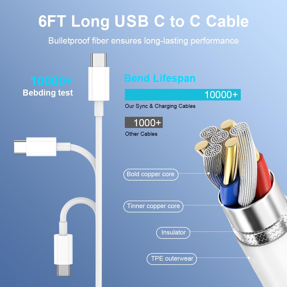 MFi Certified USB C Fast Charger 3 Pack - 6FT iPhone 15 Charger Compatible with iPhone 15 Pro/Pro Max, iPad Pro, iPad Mini - Fast Charging Cable for Home, Office & Travel (White)
