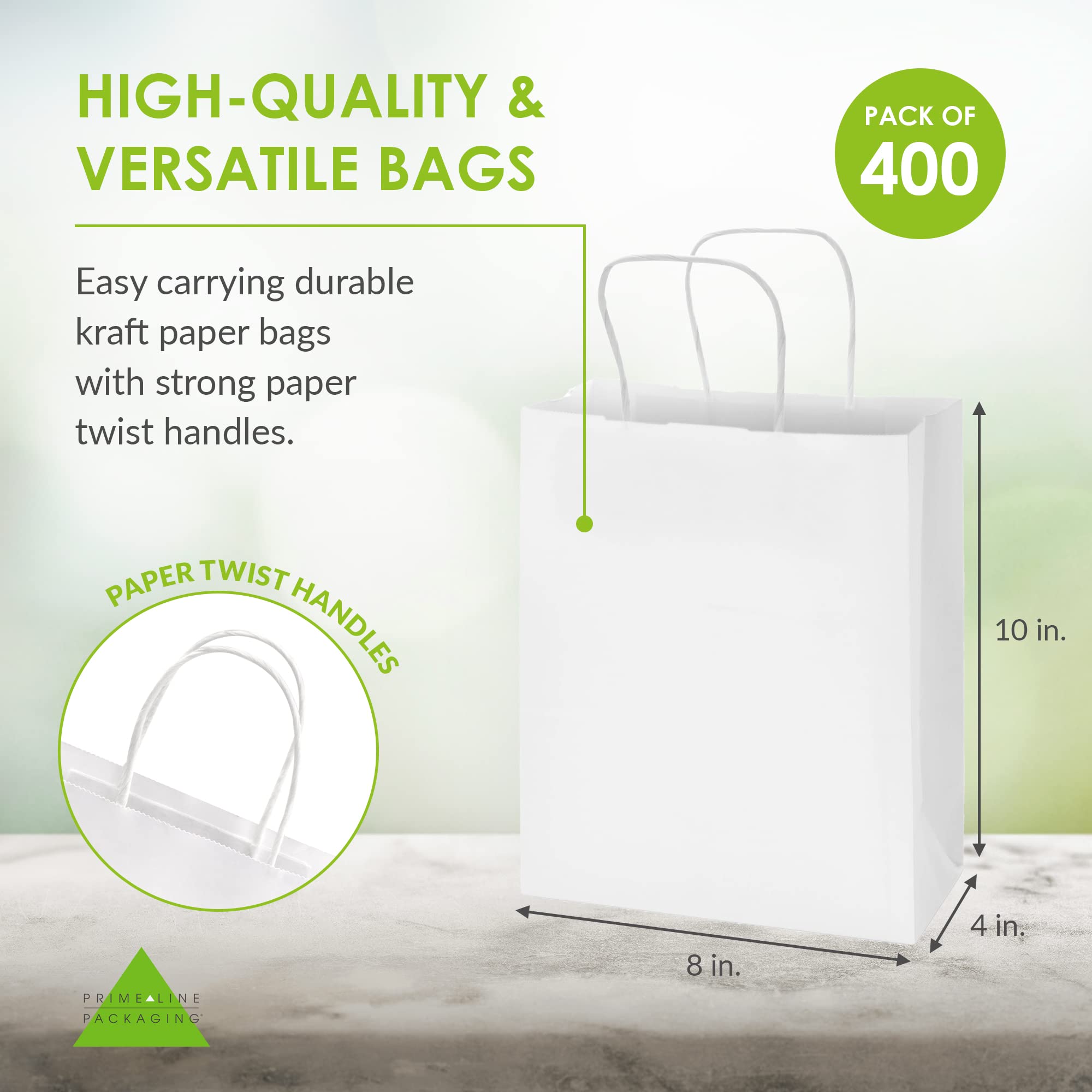 Prime Line Packaging White Kraft Paper Gift Bags with Handles - 8x4x10 Inches, 400 Pack Bulk - Perfect for Small Business, Boutique, Retail Shopping, Birthday Party Favors & Wedding Gifts - Eco-Friendly & Versatile Packaging Solution