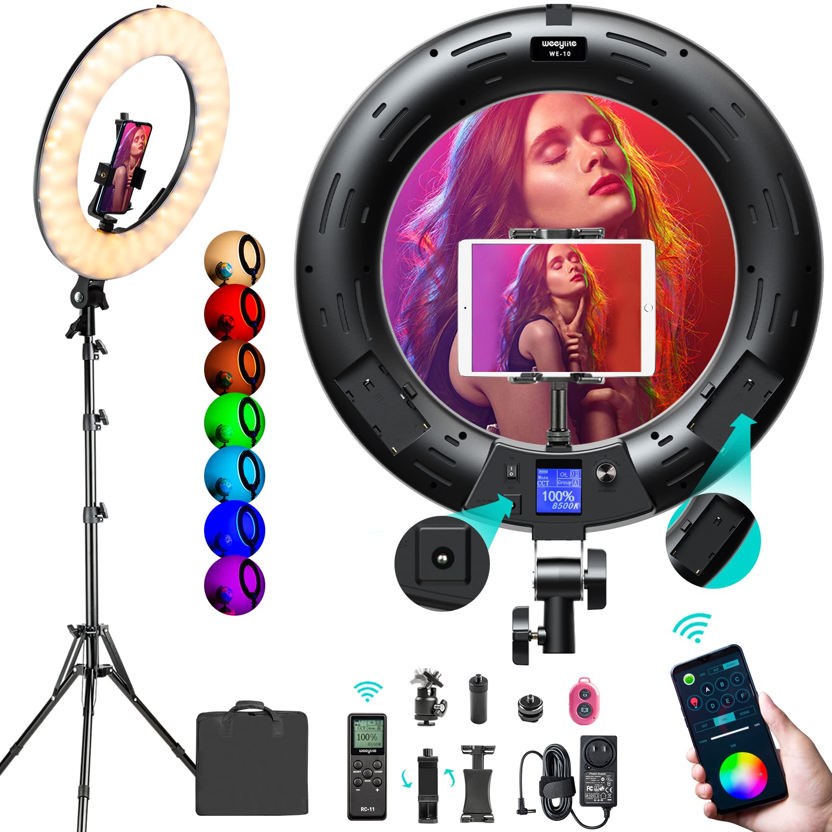 **Weeylite 18-inch RGB Ring Light with Stand & Phone Holder - Dimmable 2500K–8500K, CRI 95+ LED Selfie Light for TikTok, Live Streaming, Makeup, YouTube Videos & Photography - App Control & Remote Included**    *(Perfect for content creators, vloggers, makeup artists, and influencers enhancing lighting for professional-quality videos, photos, and live streams.)*
