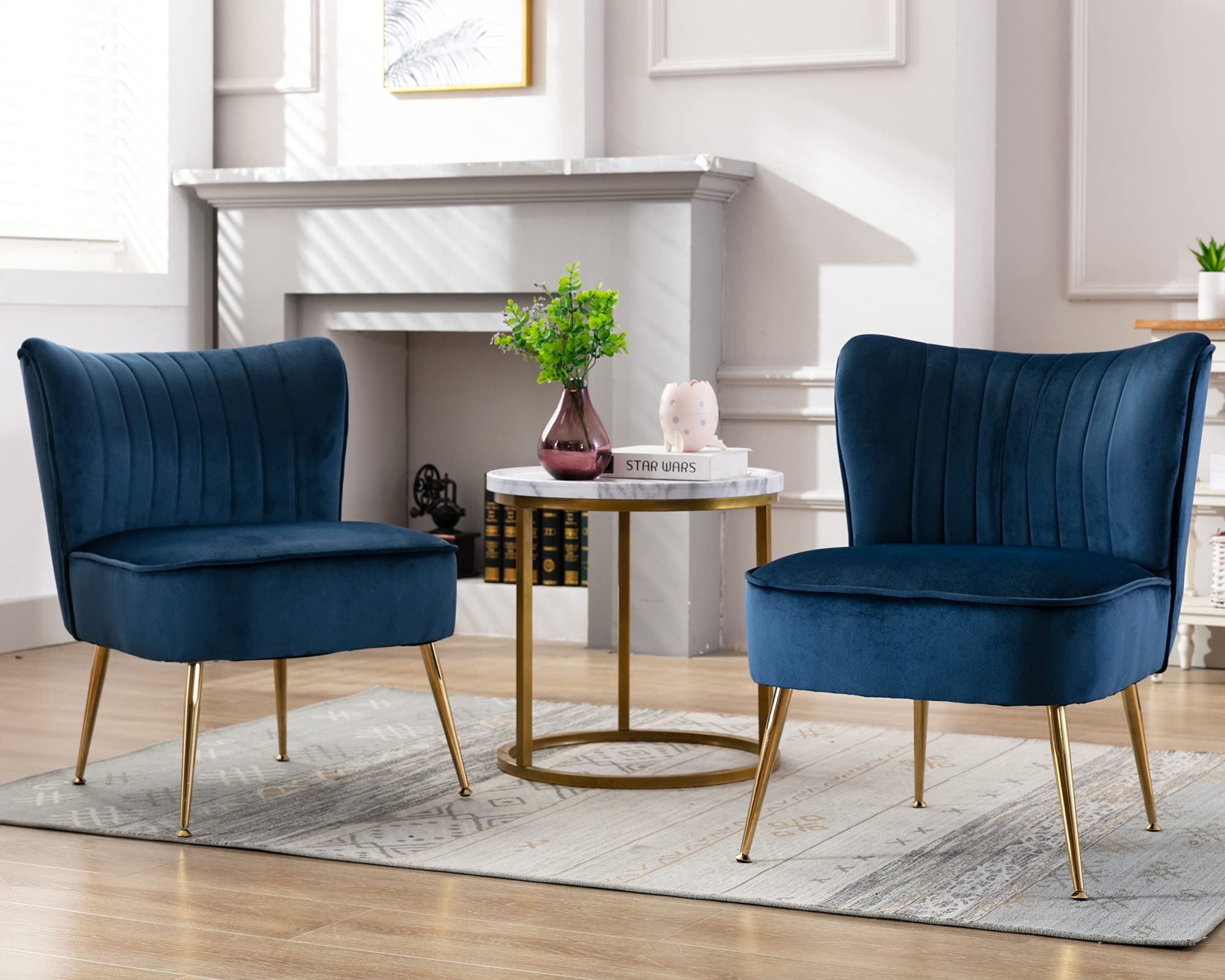 Velvet Accent Chair Set of 2 - Mid Century Modern Armless Slipper Chairs with Golden Metal Legs, Soft Upholstered Living Room Seating for Bedroom, Guest Room & Office - Blue Velvet Wingback Lounge Chairs (Perfect for Small Spaces, Reading Nooks & Cozy Corners)