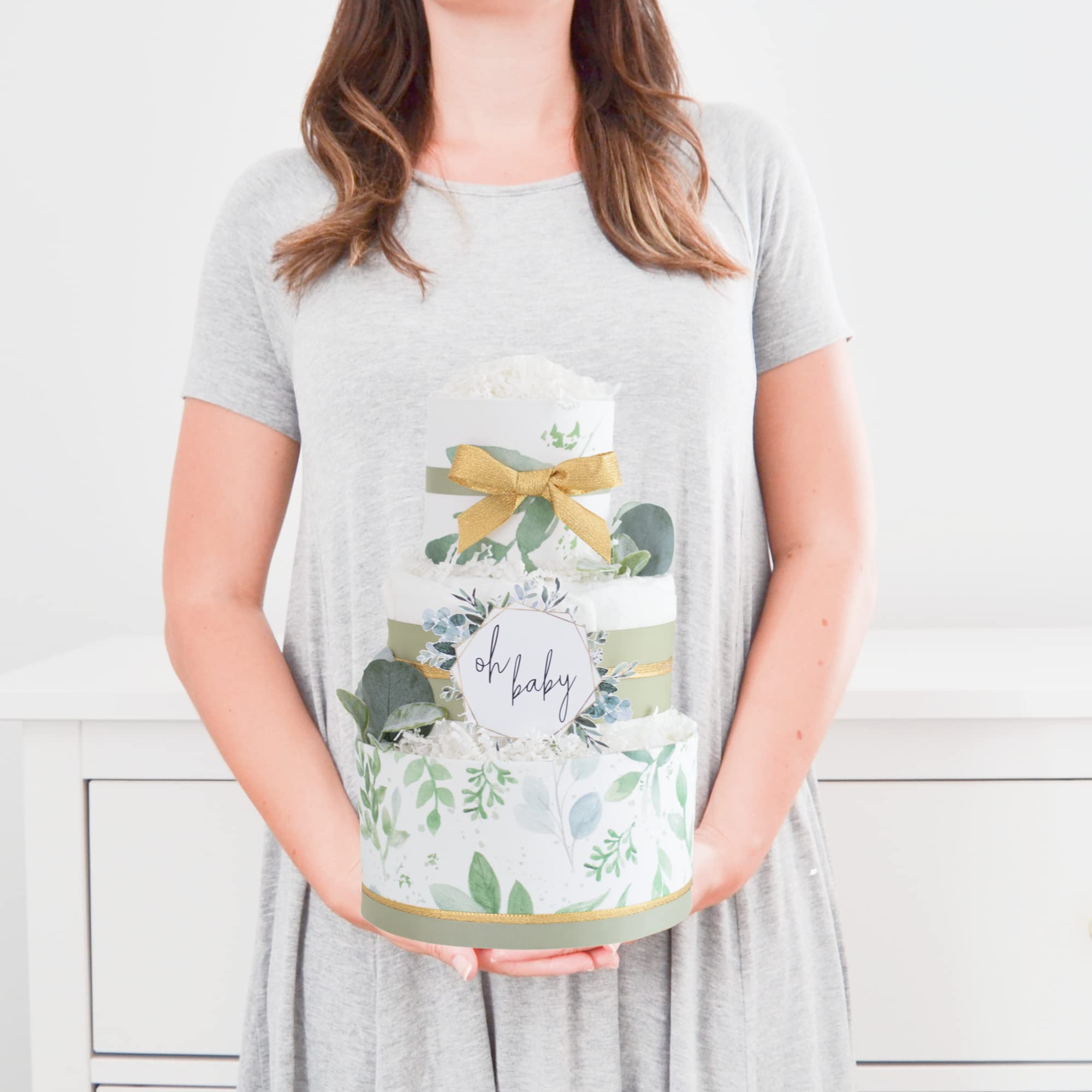 Gender Neutral Greenery Diaper Cake - Unique Baby Shower Gift & Decoration Centerpiece for Newborn Celebrations - Perfect for Baby Showers, Gender Reveals & Nursery Decor (Classic Green Design)