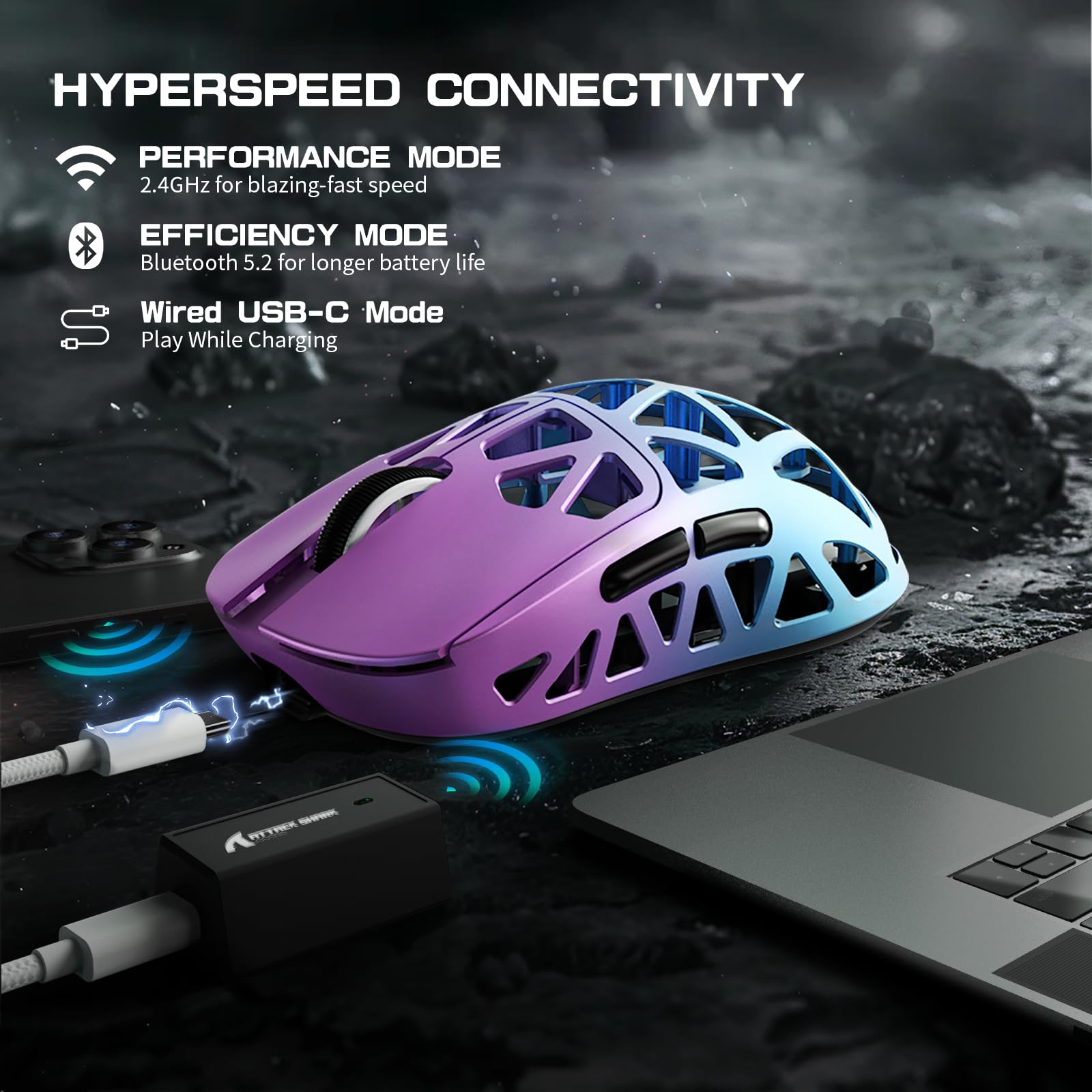 Attack Shark R2PRO 45g Ultra-Light Magnesium Alloy Gaming Mouse - PAW3950 Sensor, 42000 DPI, 8000Hz Polling Rate, 2.4G/BT/Wired, Programmable Buttons with Coiled Cable for PC & Mac (Purple) - Perfect for FPS, MOBA & Esports Gaming