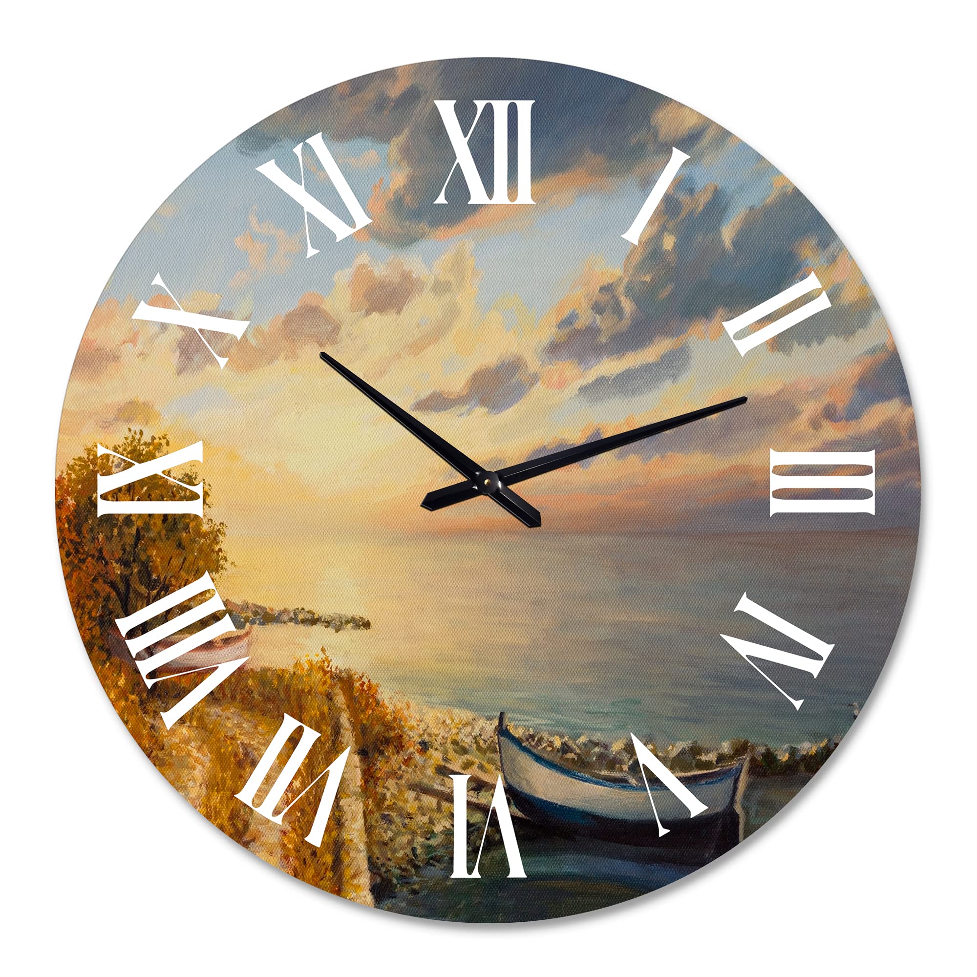 DesignQ Coastal Wall Clock - Romantic Sunrise by The Sea - 12 Inch Round Grey Wall Clock for Home, Office & Beach House Decor - Perfect for Living Room, Bedroom or Kitchen