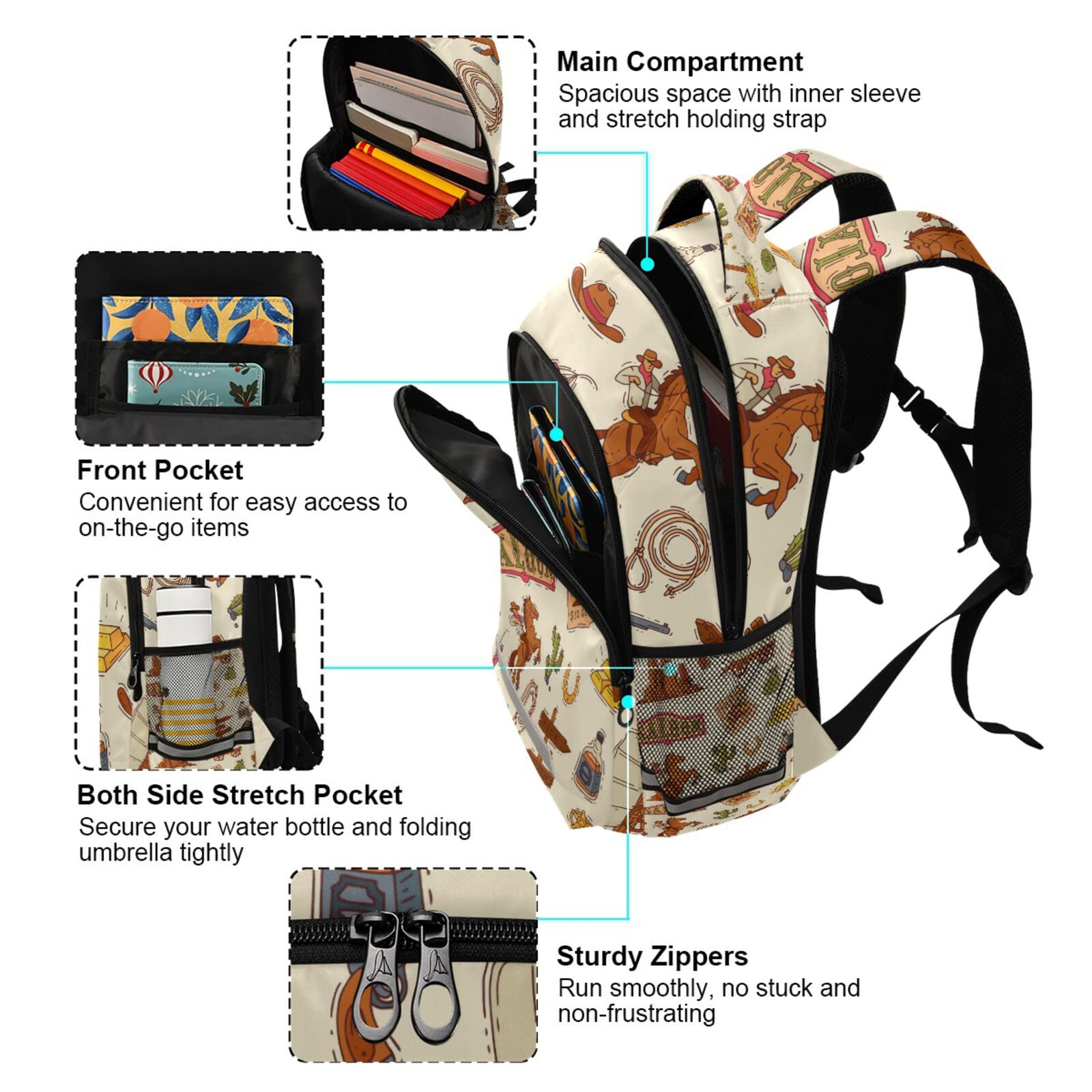 Western Cowboy Backpack for Laptop - Colorful Wildlife Lasso Cactus Design, Gold Shoulder Bookbag with Reflective Stripes | Large Capacity Daypack for Travel, Camping & School | Durable Casual Backpack for Men & Women