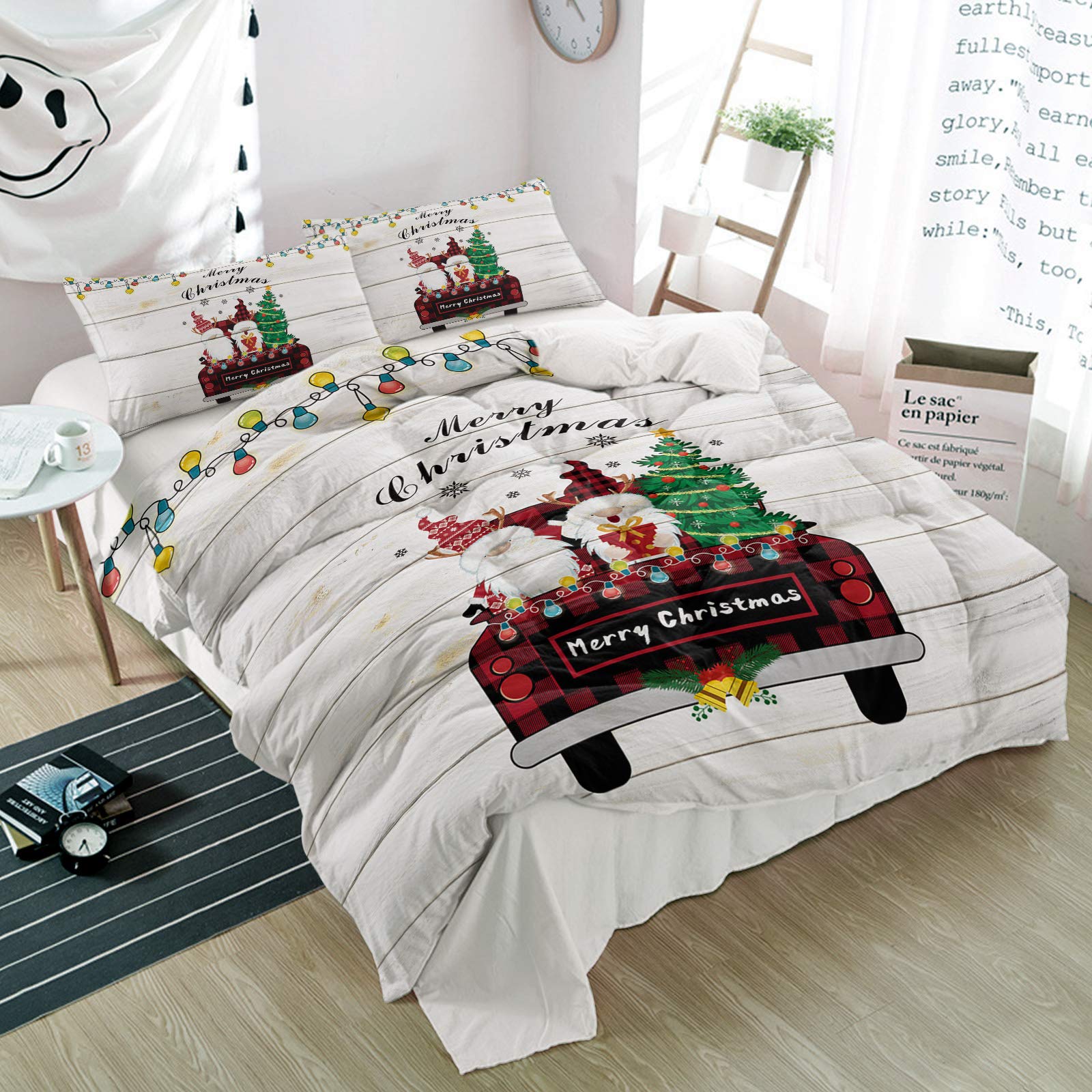 3-Piece Christmas Tree Gnomes Duvet Cover Set with Red Lattice Farm Truck Design - Soft Microfiber Quilt Cover & Pillowcases - Colorful Bulbs Retro Wood Board Pattern - All-Season Twin Bedding for Cozy Farmhouse Bedroom Decor