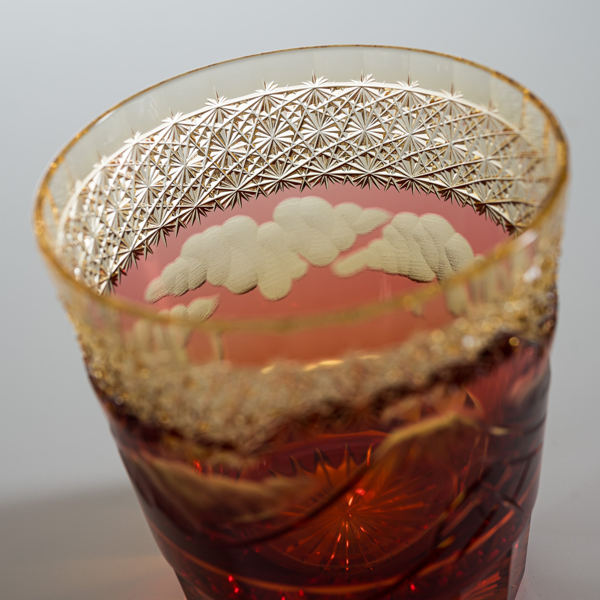 Premium Yamada Crystal Glass Rock Glass - Mt Fuji Inspired Amber Red Whiskey Tumbler for Scotch, Bourbon & Cocktail Drinking at Home Bar or Party