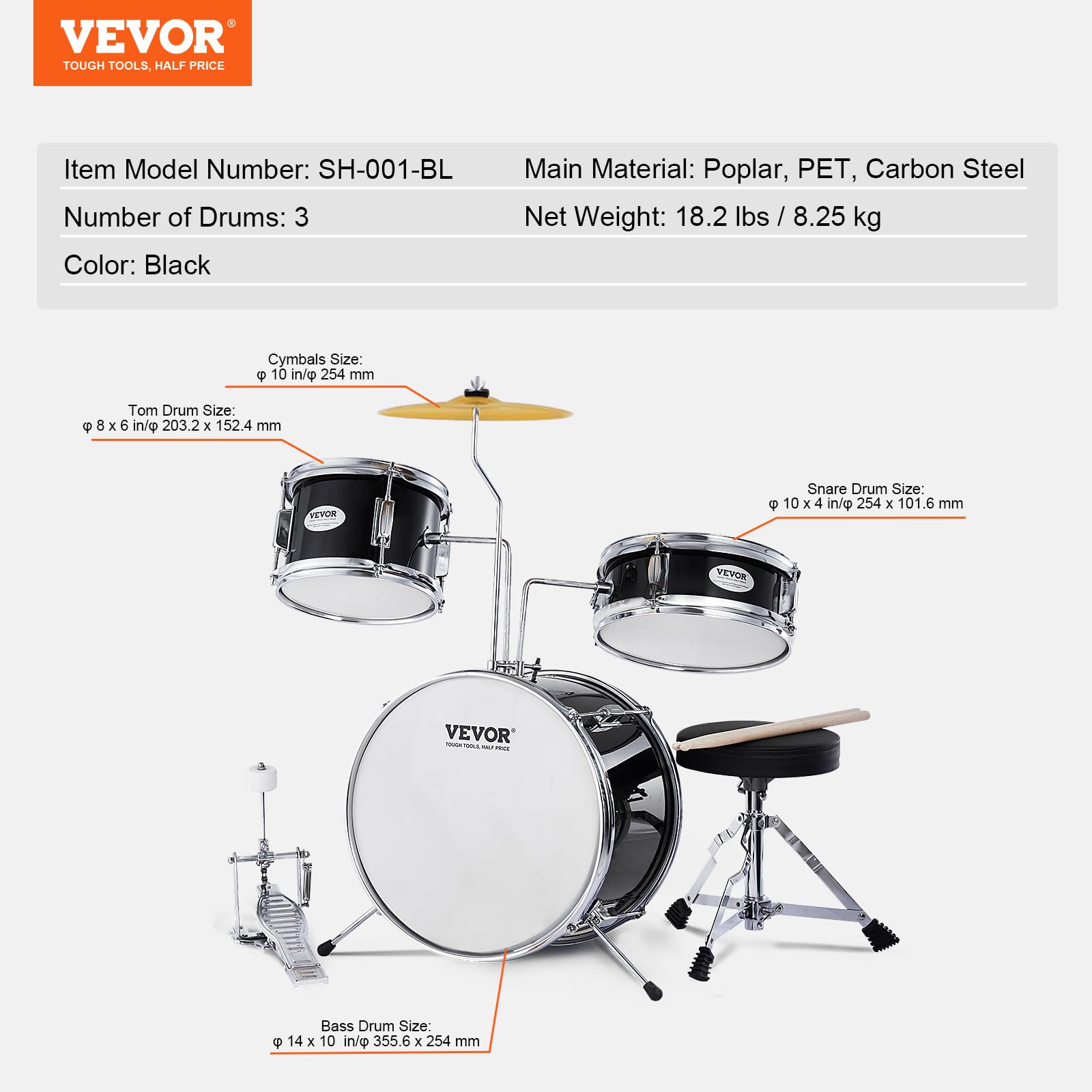 VEVOR Kids Drum Set 3-Piece Junior Beginner Drum Kit with Adjustable Throne, Sticks, Cymbal & Pedal - 14 Inch Black Tom Snare Bass Starter Drum Set for Children | Perfect for Home Practice, Music Lessons & Birthday Gifts