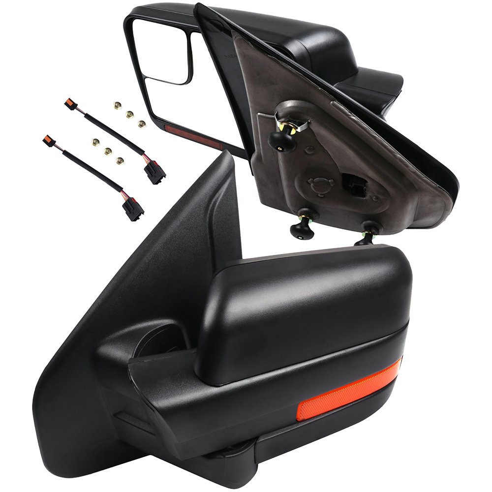 LUJUNTEC Power Adjustable Heated Towing Mirrors with Turn Signal & Puddle Light - Compatible with 2004-2014 Ford F-150 Pickup Truck - Black Housing (Driver & Passenger Side) - Perfect for Towing, Off-Roading & Night Driving