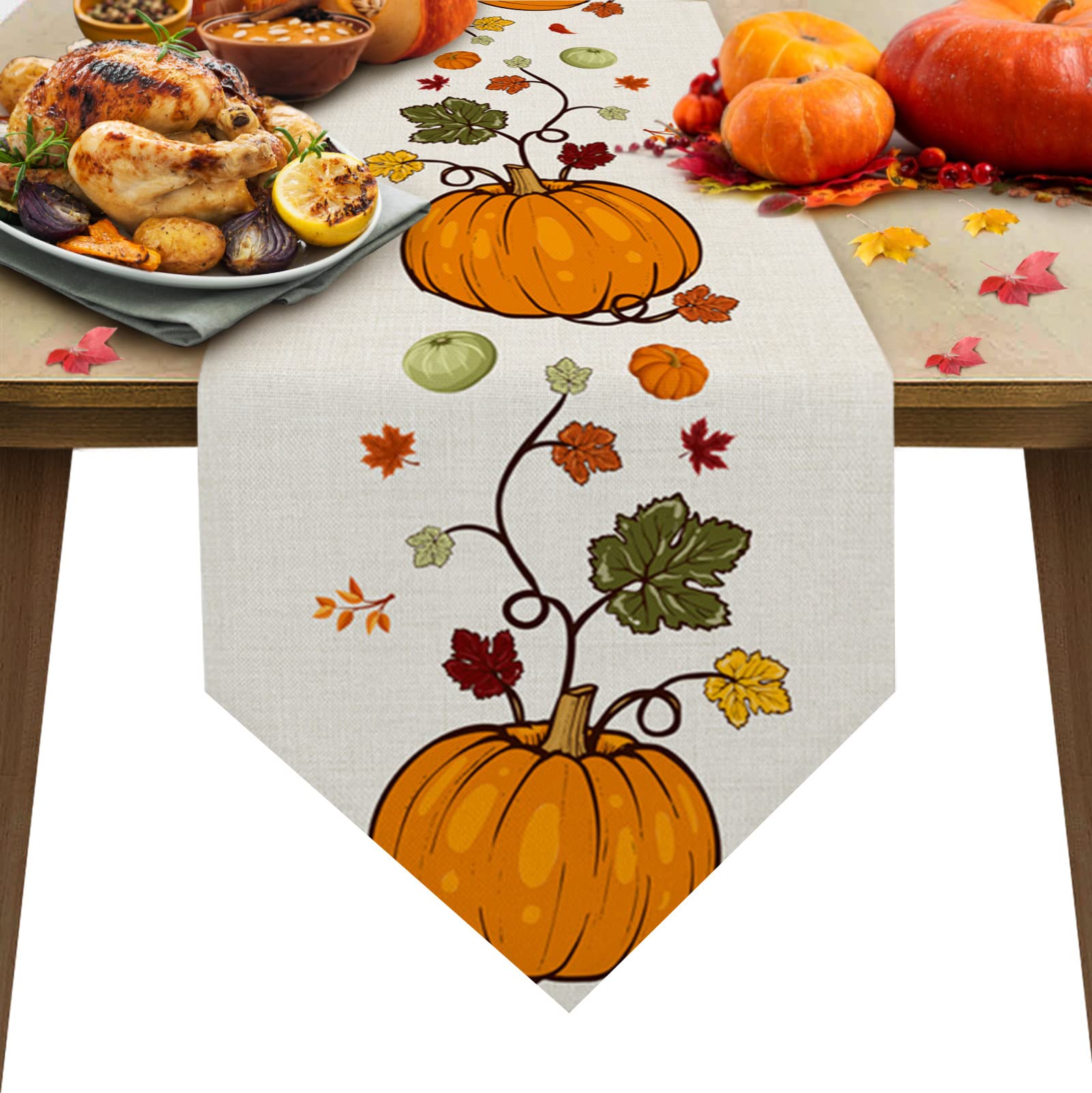 Autumn Thanksgiving Table Runner - 13x120 Inch Non-Slip Washable Pumpkin Maple Leaves Design for Farmhouse, Kitchen, Dining & Coffee Table Decor | Perfect for Holiday Dinners & Party Decorations