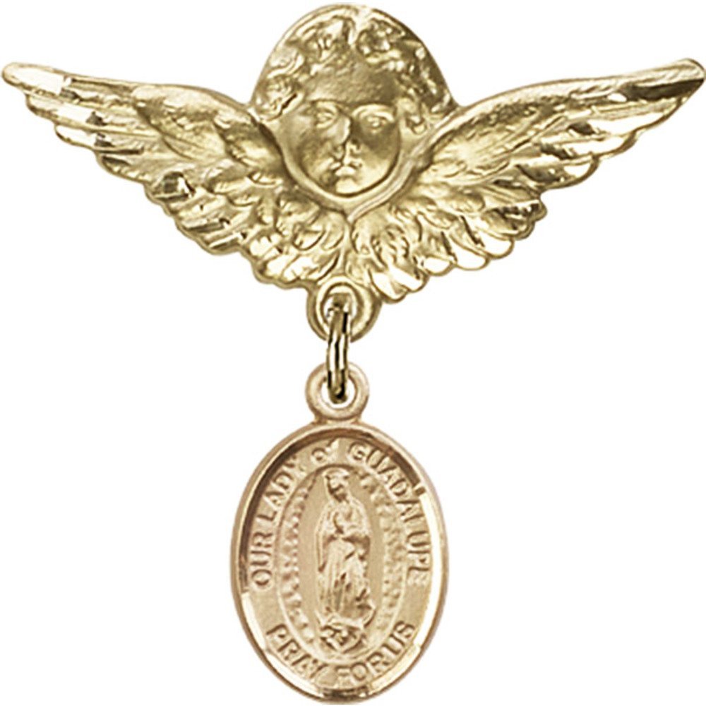 Gold Filled Our Lady of Guadalupe & Angel Wing Baby Badge Pin - 1 1/8 X 1 1/8 Inches - Religious Jewelry for Baptism, First Communion & Baby Shower Gifts