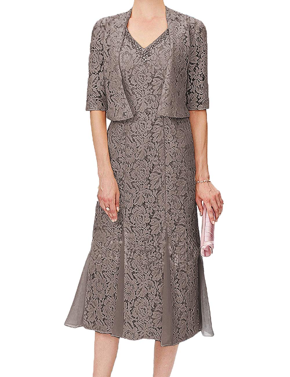 Elegant Tea Length Mother of The Bride Dress - Lace Formal Evening Gown with Half Sleeves & V-Neck Jacket - Perfect for Weddings, Parties & Special Occasions
